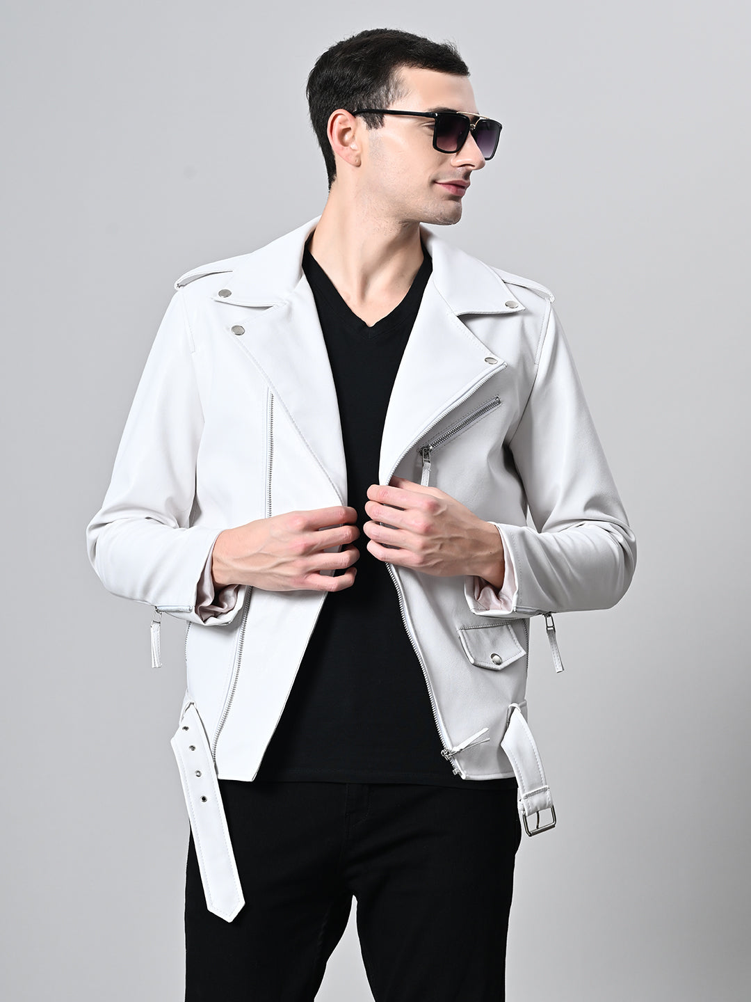 Lapel Collar Solid Casual Biker White Jacket For Men