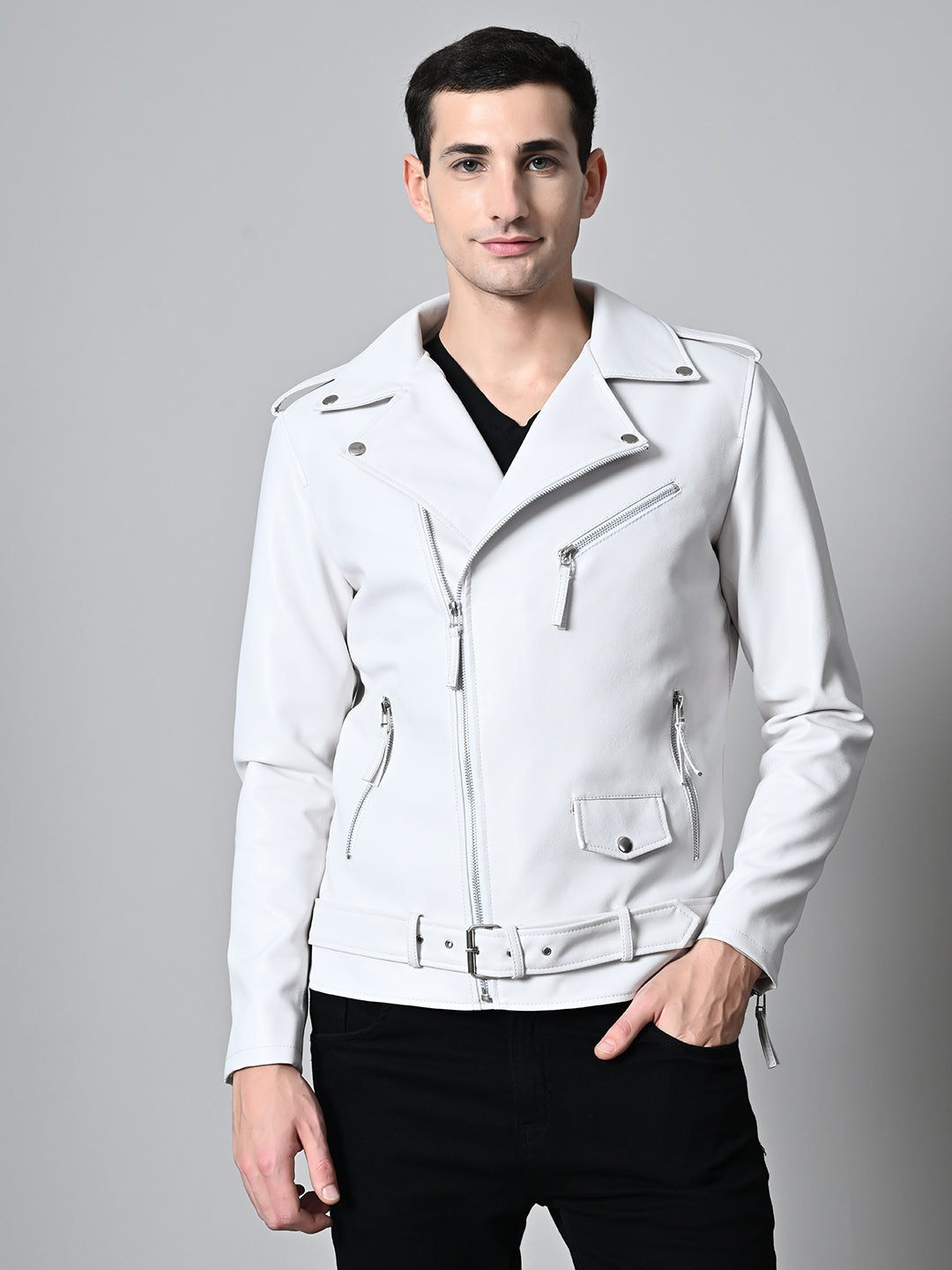 Lapel Collar Solid Casual Biker White Jacket For Men