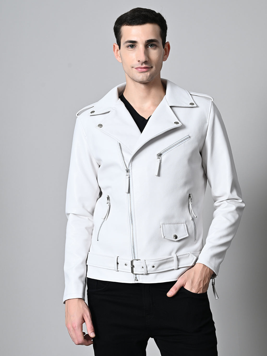 Lapel Collar Solid Casual Biker White Jacket For Men