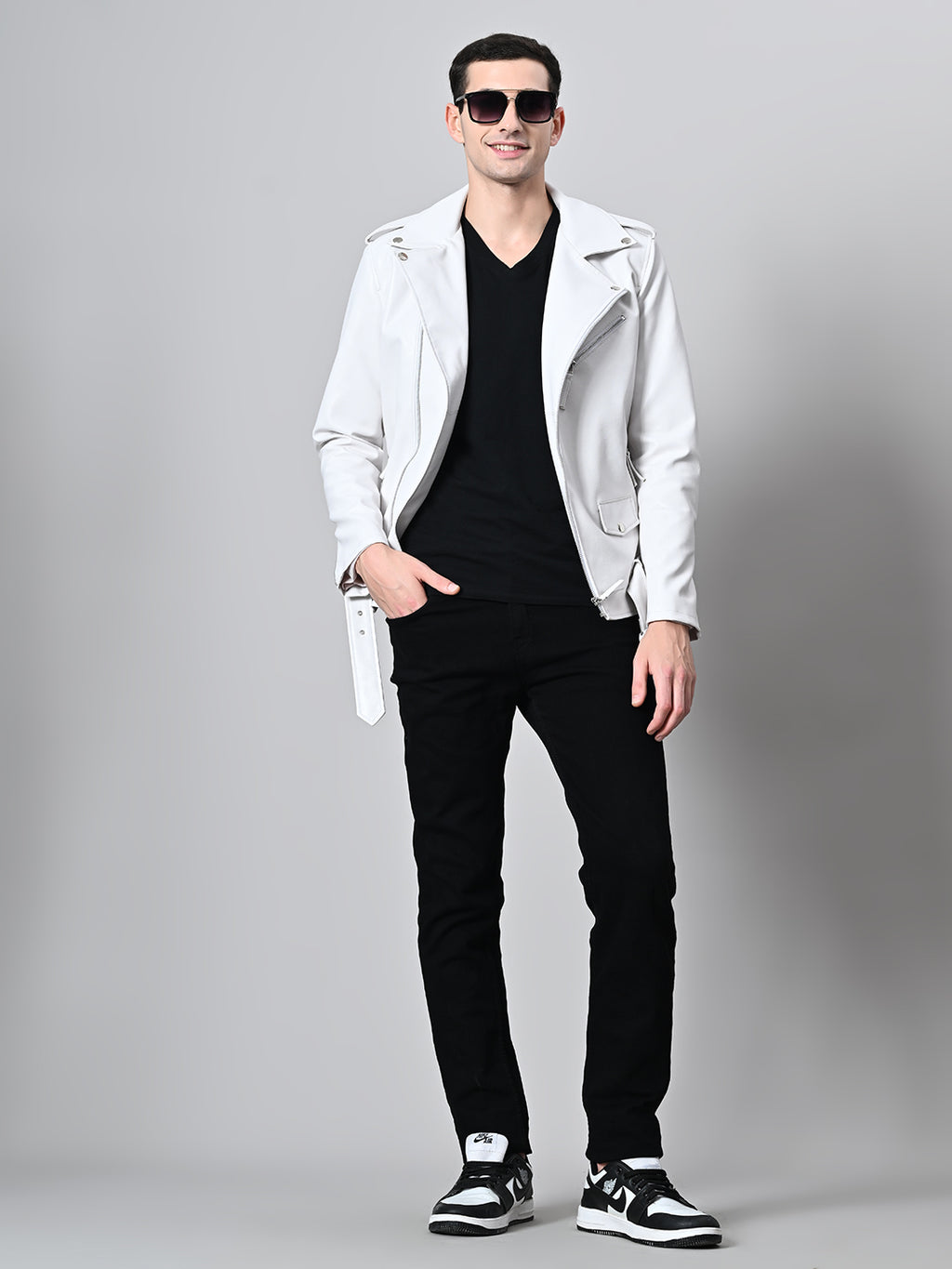 Lapel Collar Solid Casual Biker White Jacket For Men