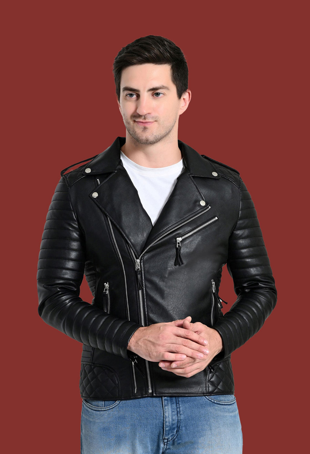 Mandarin Collar Water Resistant Lightweight Leather Biker Jacket for Men
