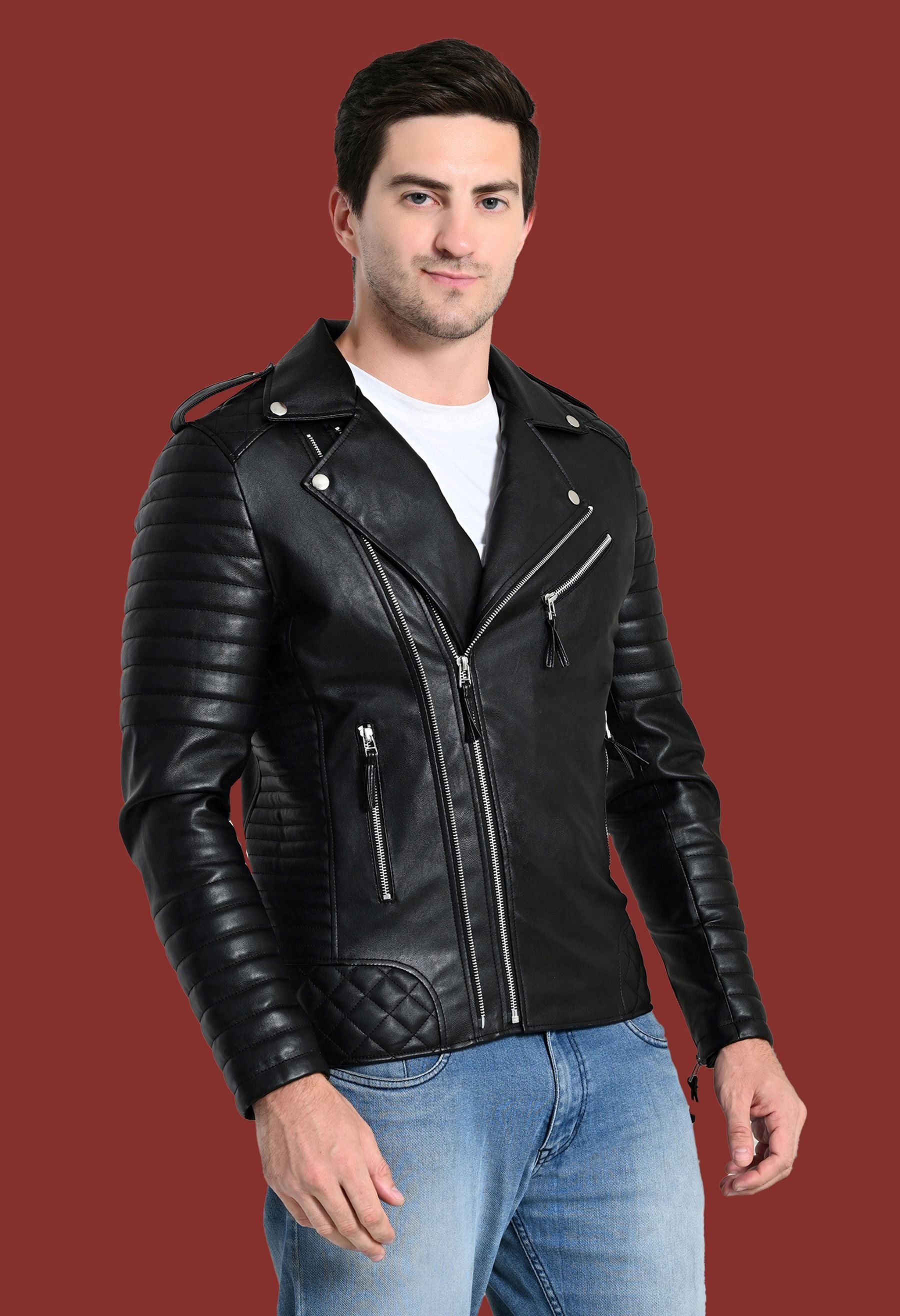 Mandarin Collar Water Resistant Lightweight Leather Biker Jacket for Men