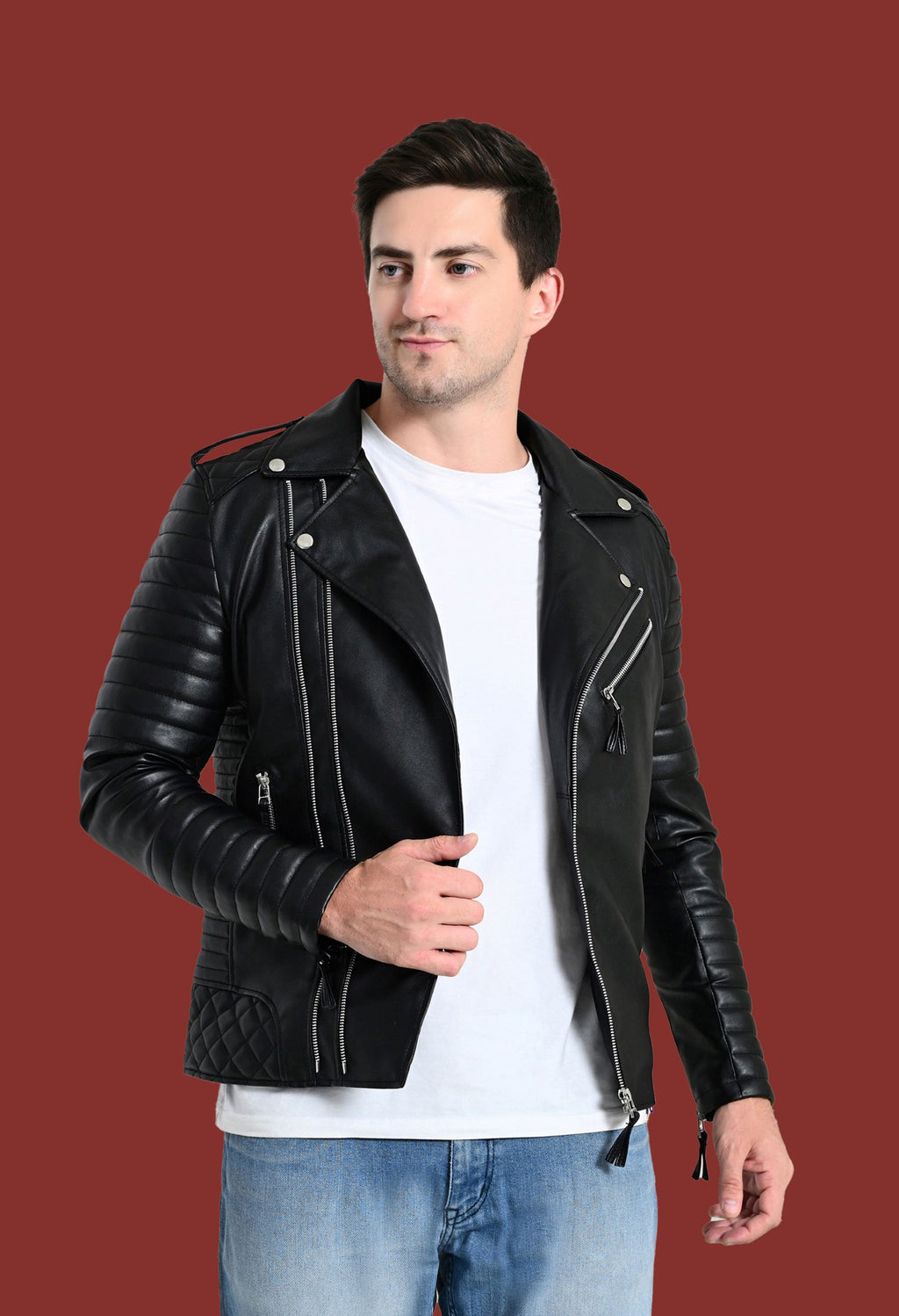 Mandarin Collar Water Resistant Lightweight Leather Biker Jacket for Men