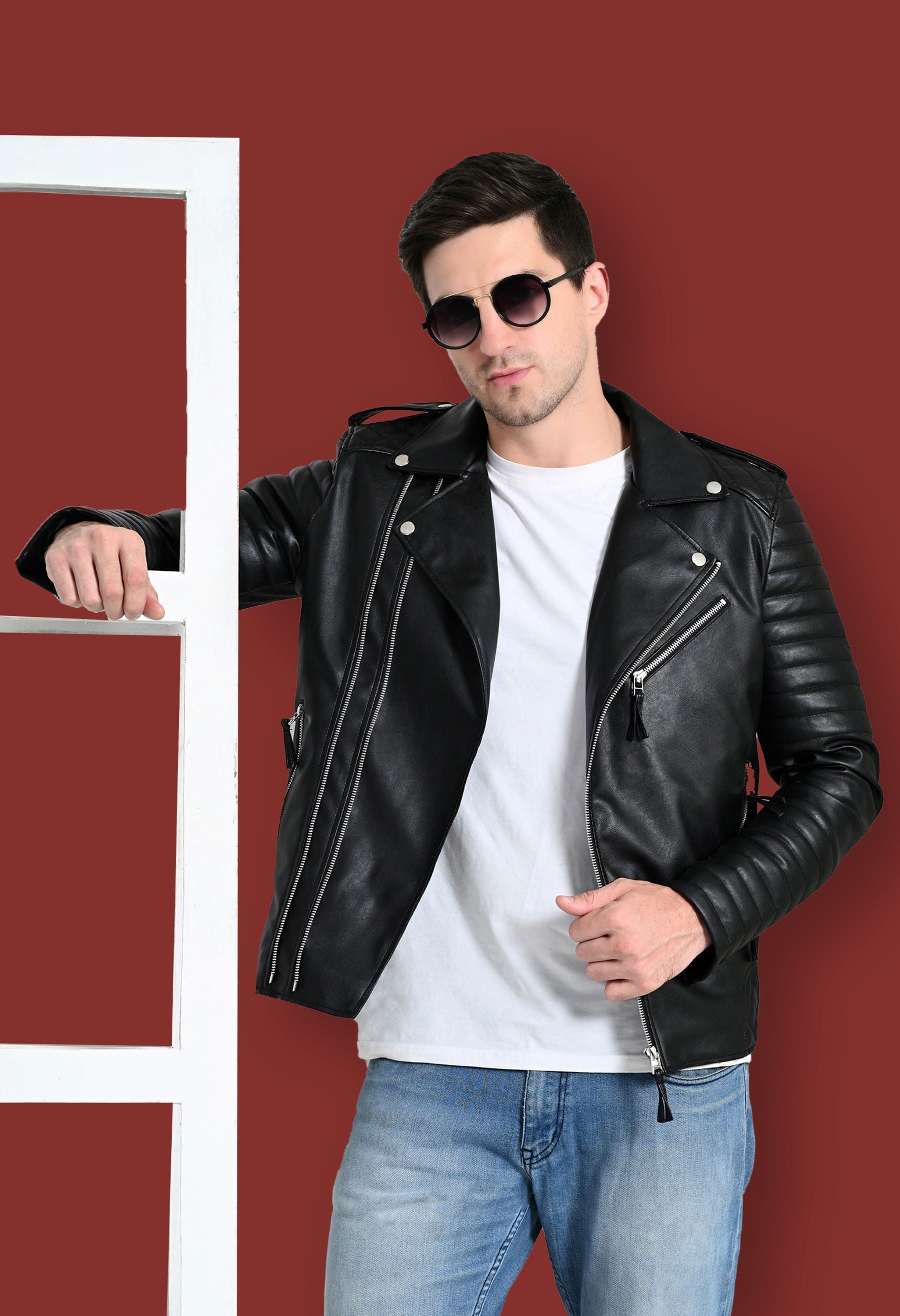Mandarin Collar Water Resistant Lightweight Leather Biker Jacket for Men