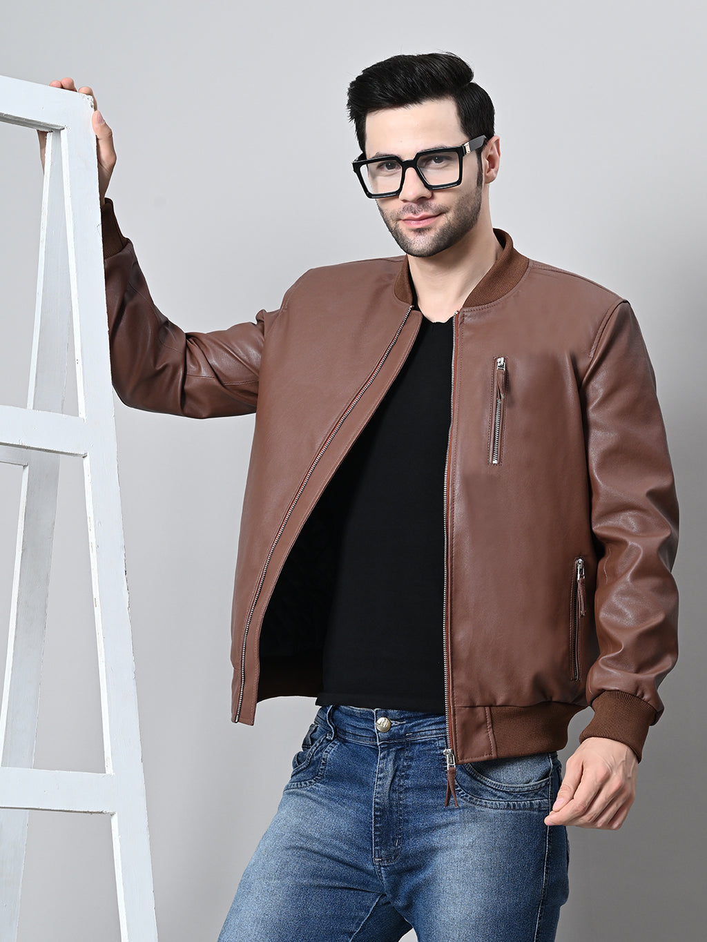 Mandarin Collar Water Resistant Lightweight Leather Biker Jacket For Men