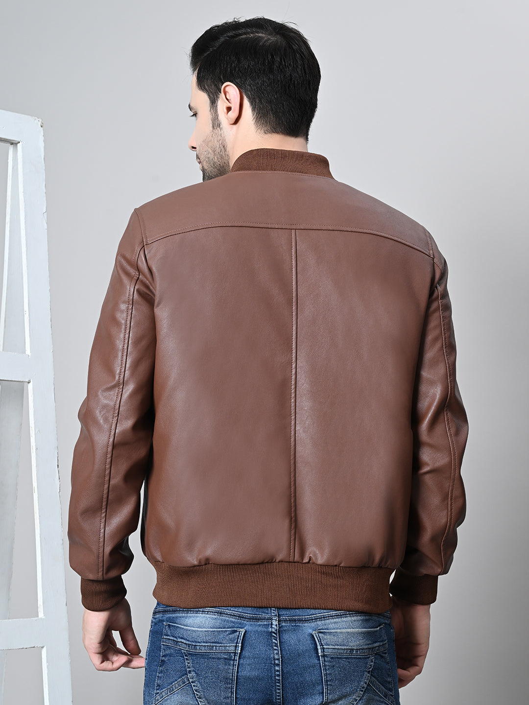 Mandarin Collar Water Resistant Lightweight Leather Biker Jacket For Men