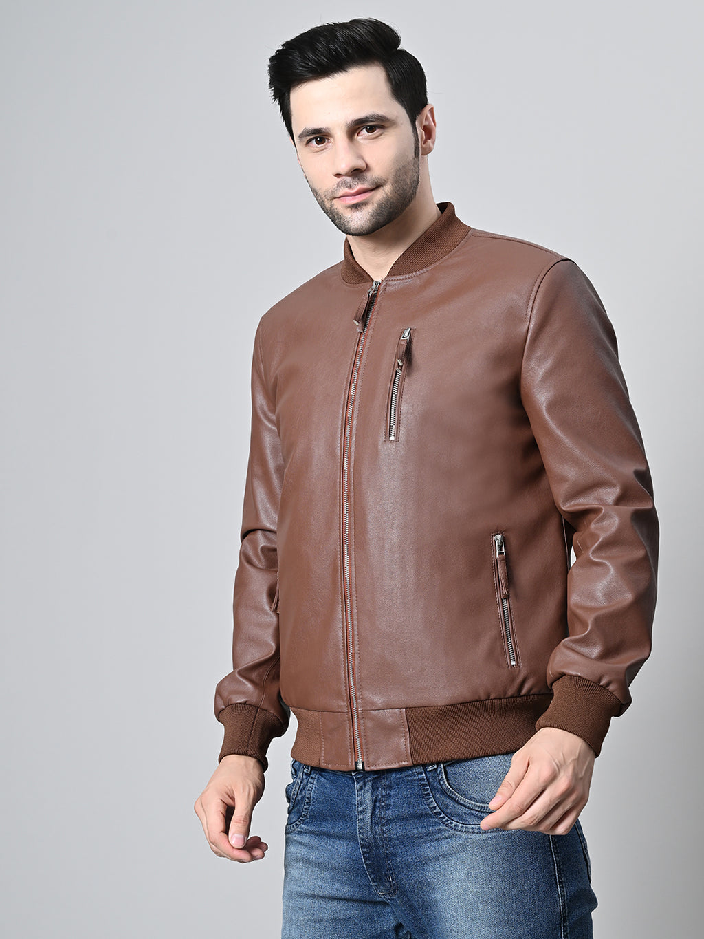 Mandarin Collar Water Resistant Lightweight Leather Biker Jacket For Men