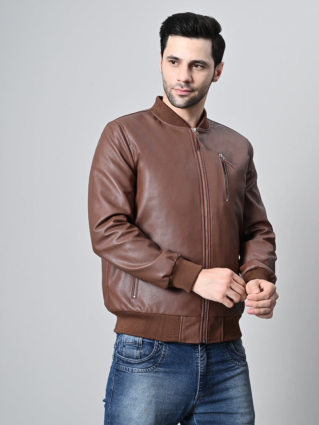 Mandarin Collar Water Resistant Lightweight Leather Biker Jacket For Men