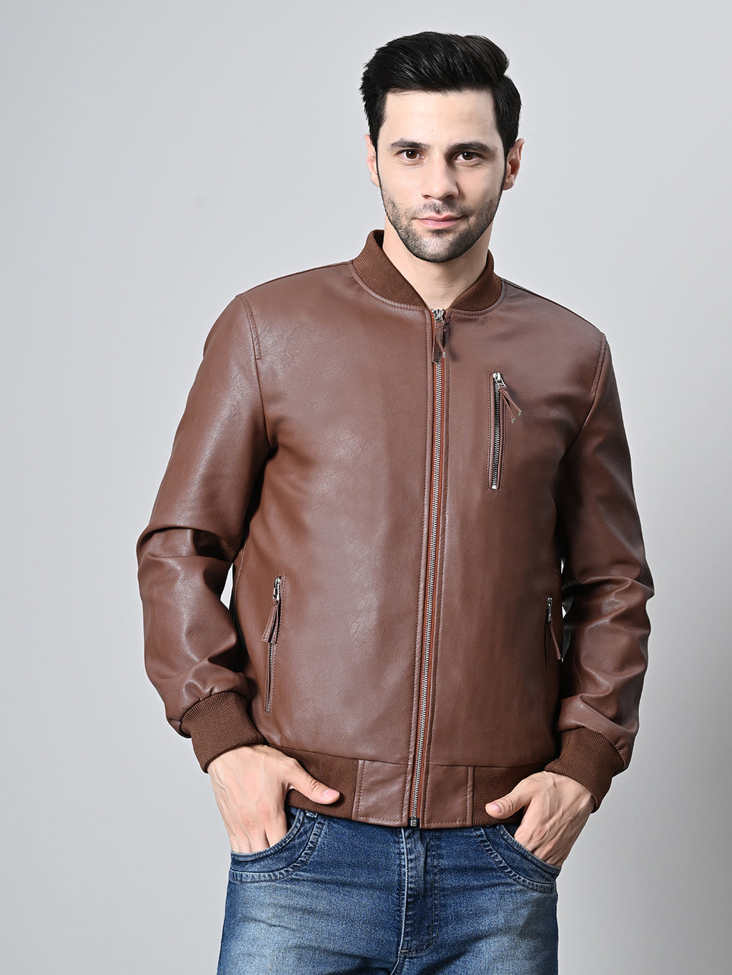 Mandarin Collar Water Resistant Lightweight Leather Biker Jacket For Men