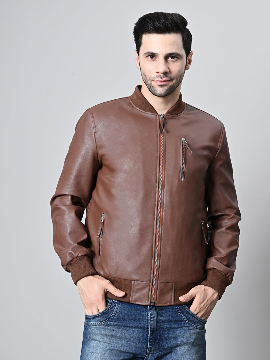 Mandarin Collar Water Resistant Lightweight Leather Biker Jacket For Men