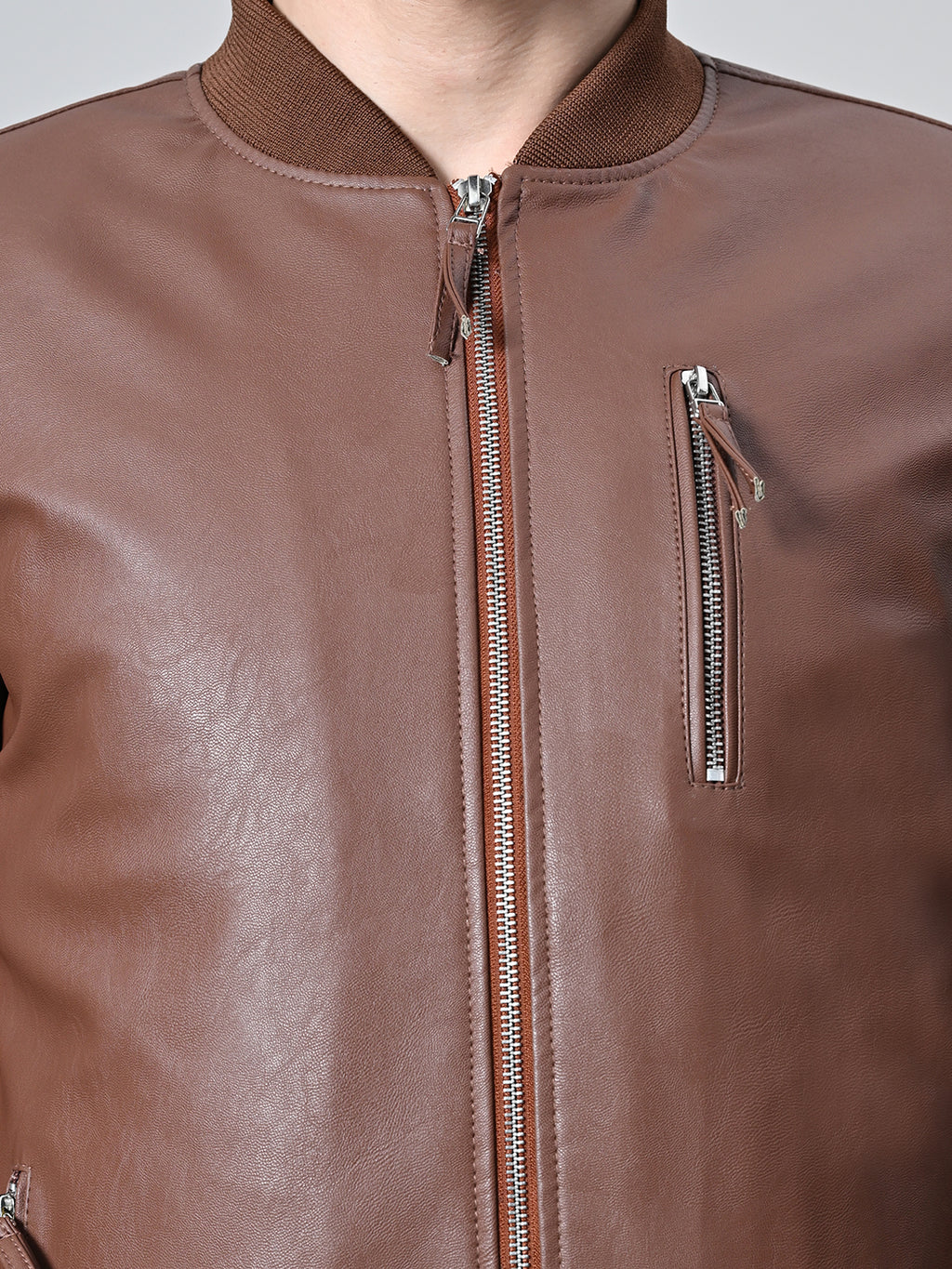 Mandarin Collar Water Resistant Lightweight Leather Biker Jacket For Men