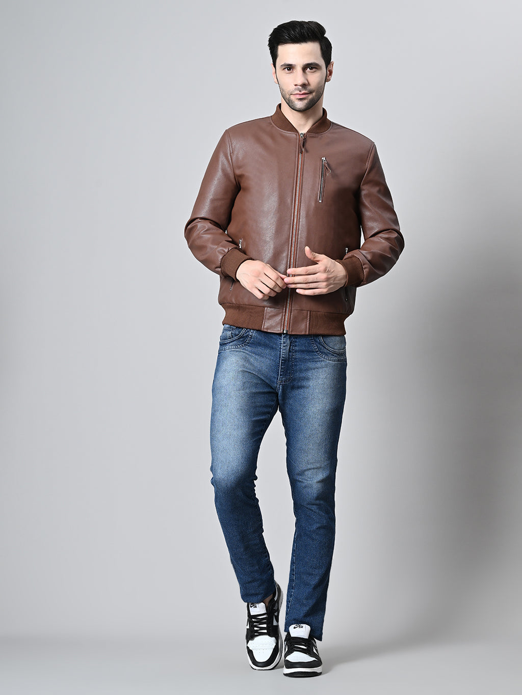 Mandarin Collar Water Resistant Lightweight Leather Biker Jacket For Men