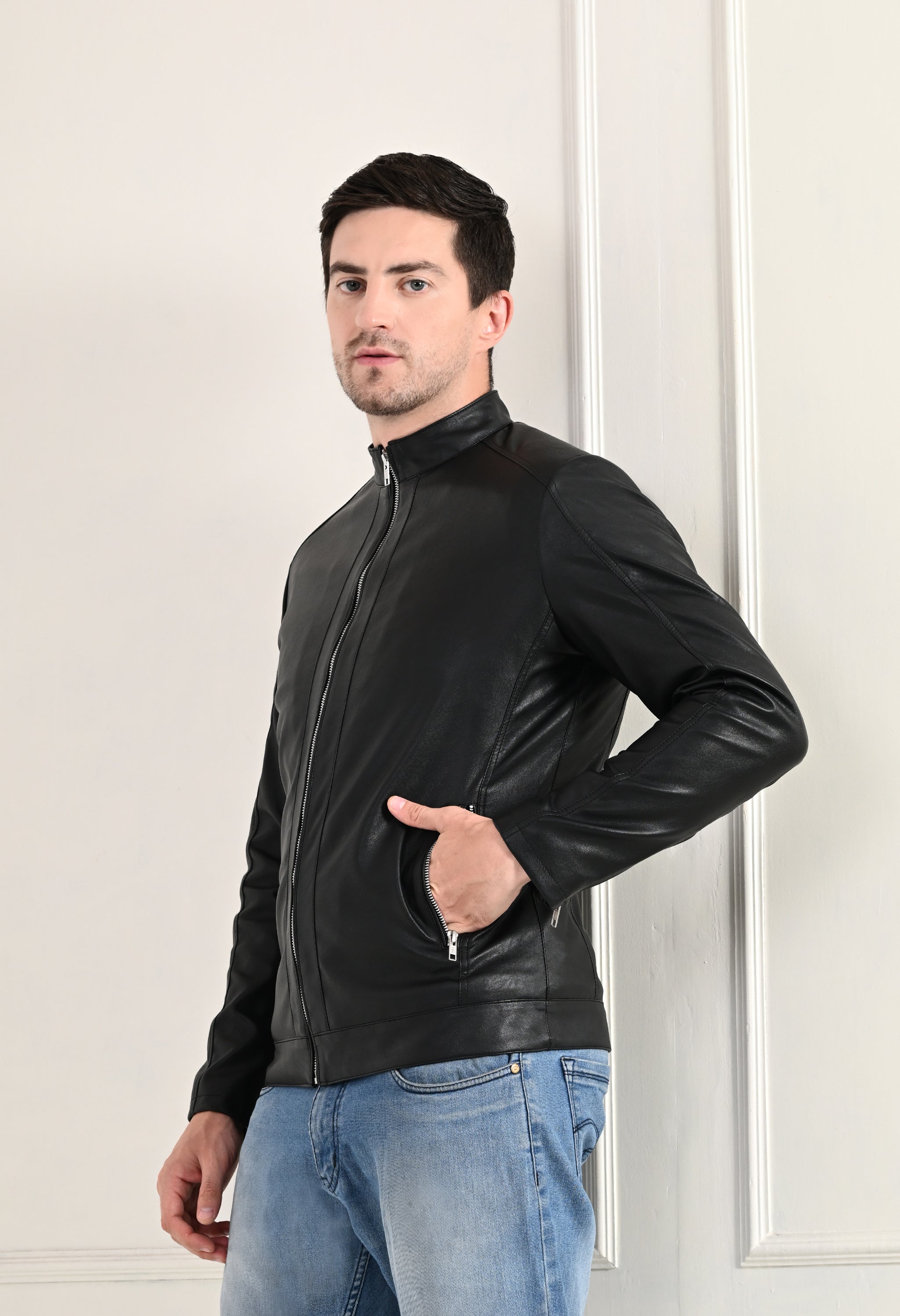 Stand Collar Long Sleeves Classic Look Lightweight Black Leather Jacket