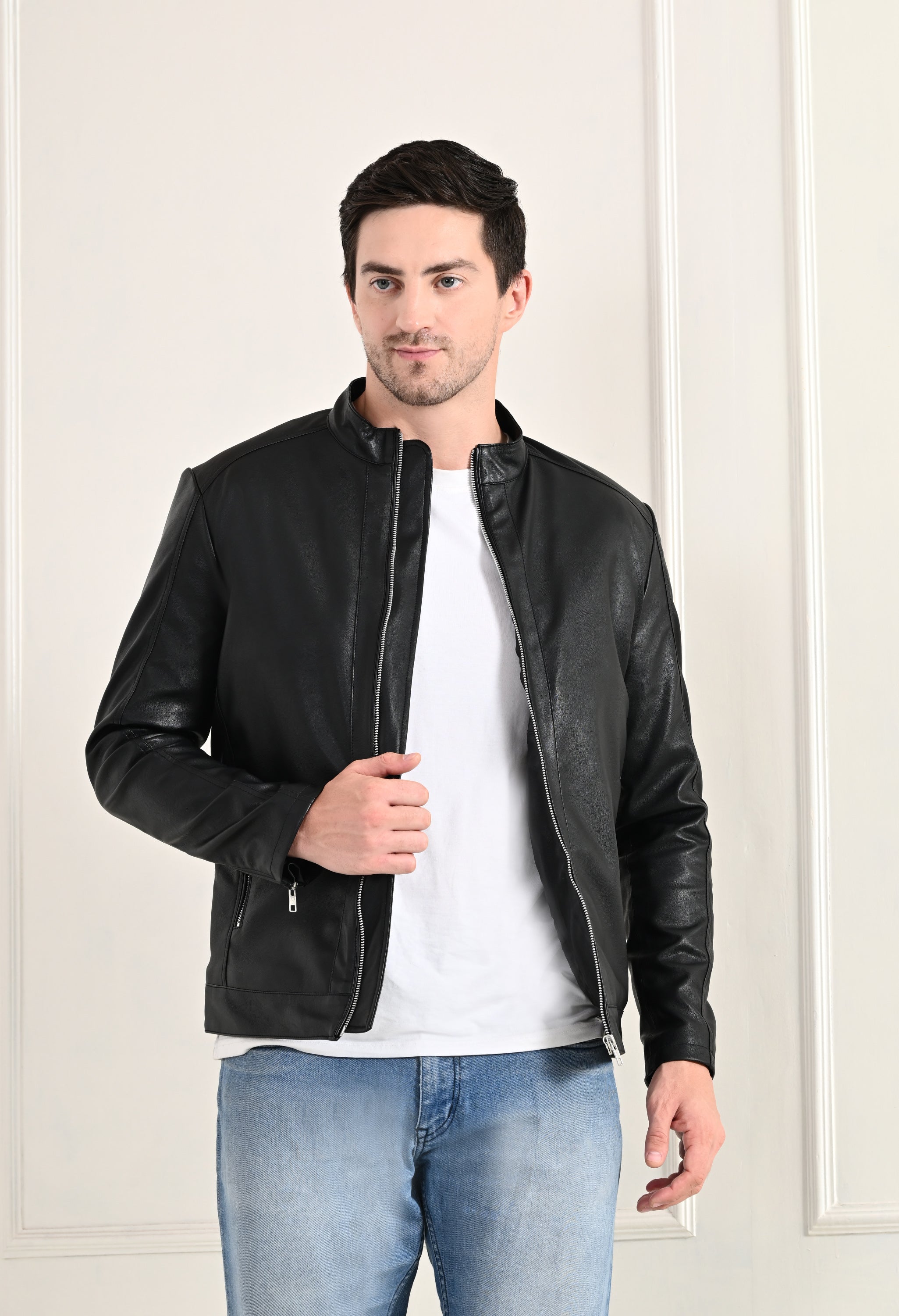 Stand Collar Long Sleeves Classic Look Lightweight Black Leather Jacket