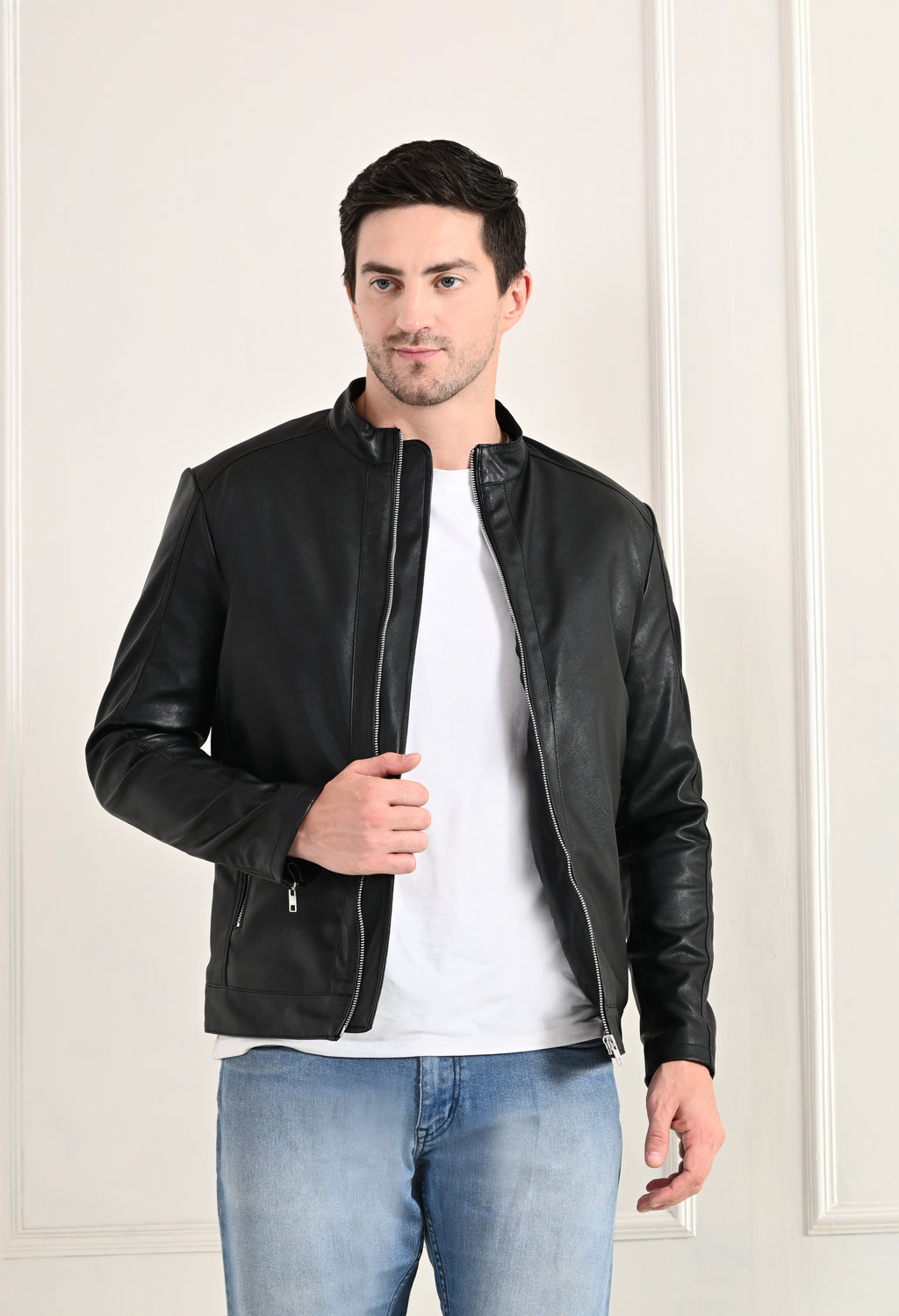 Stand Collar Long Sleeves Classic Look Lightweight Black Leather Jacket