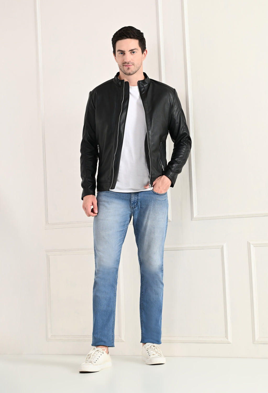 Stand Collar Long Sleeves Classic Look Lightweight Black Leather Jacket