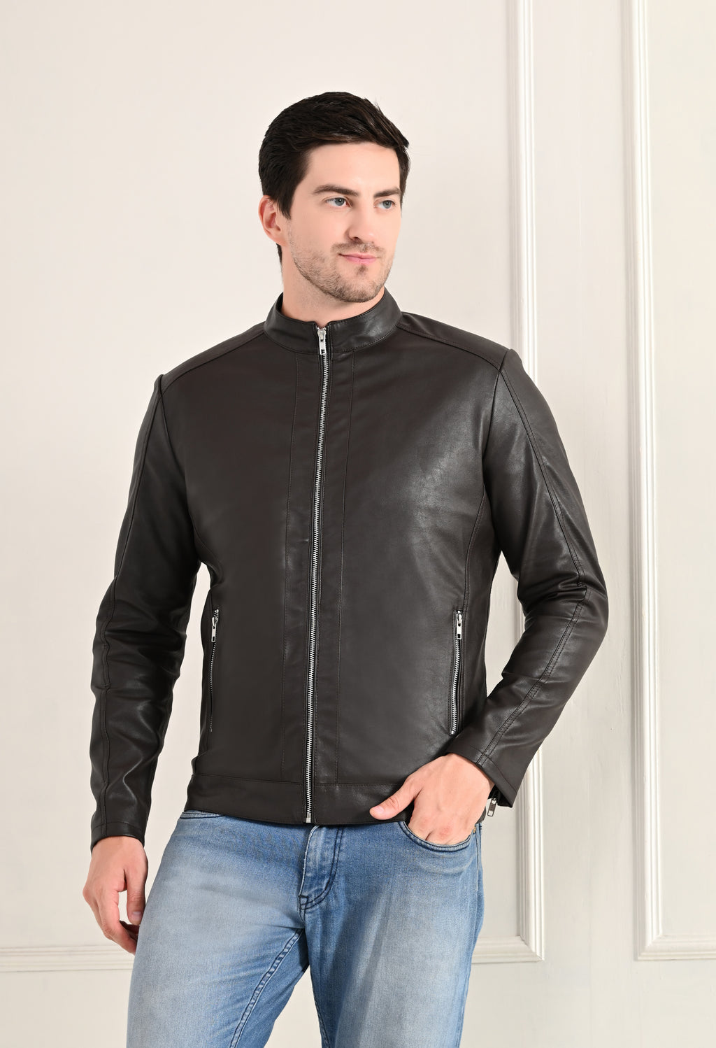 Stand Collar Long Sleeves Classic Look Lightweight Black Leather Jacket