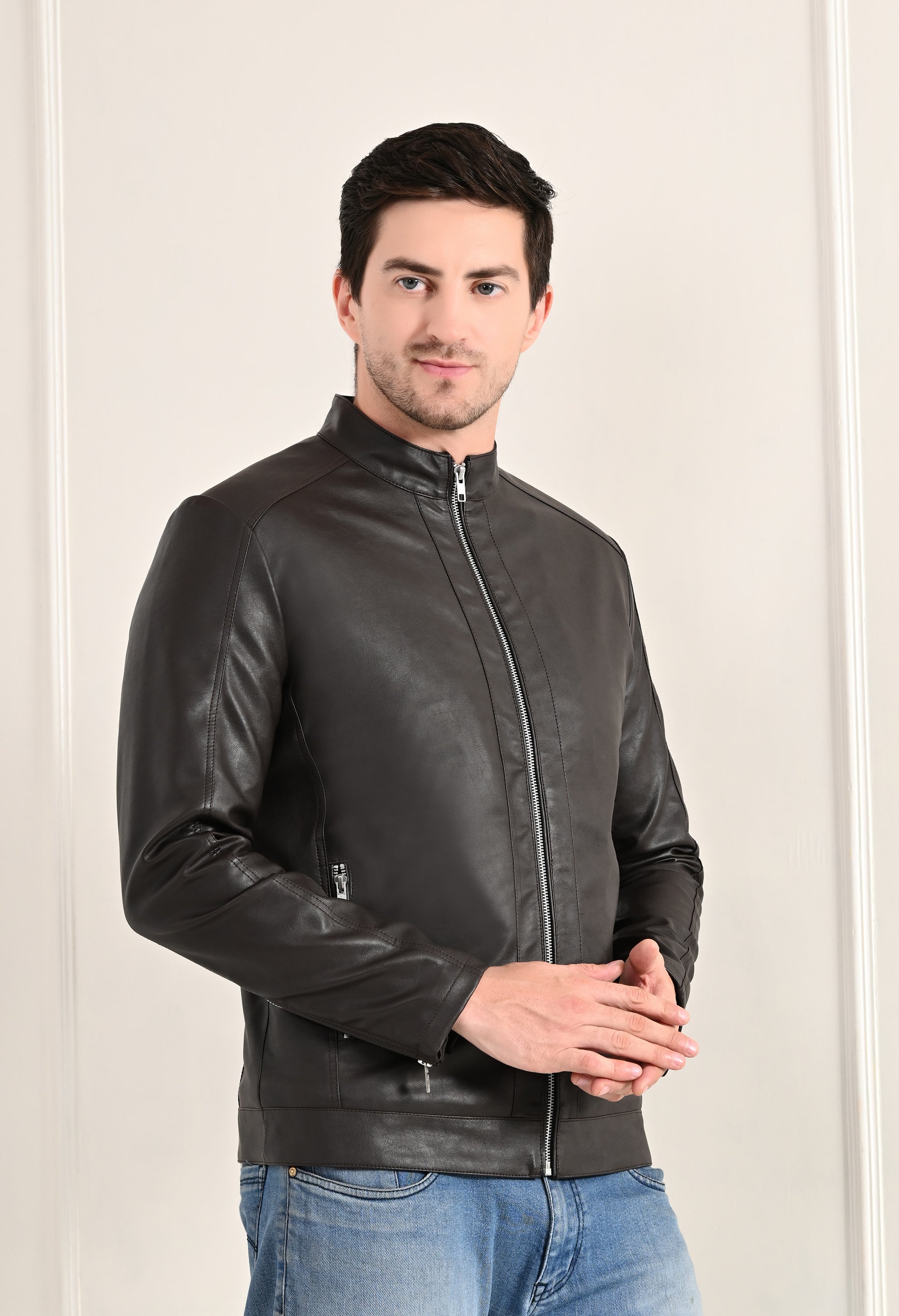 Stand Collar Long Sleeves Classic Look Lightweight Black Leather Jacket