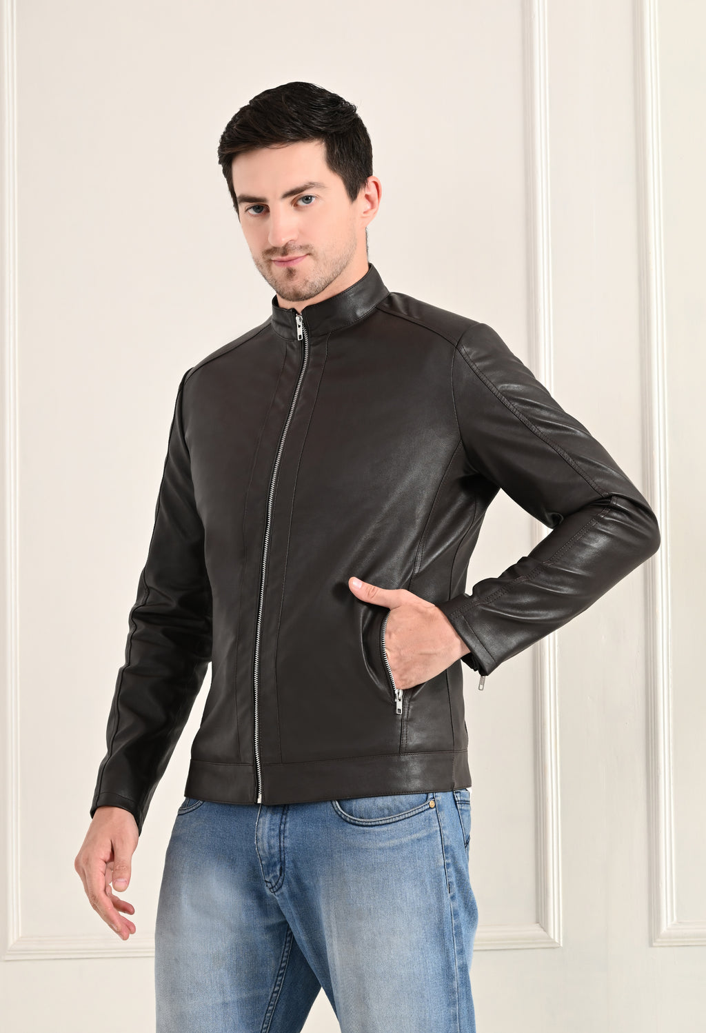 Stand Collar Long Sleeves Classic Look Lightweight Black Leather Jacket