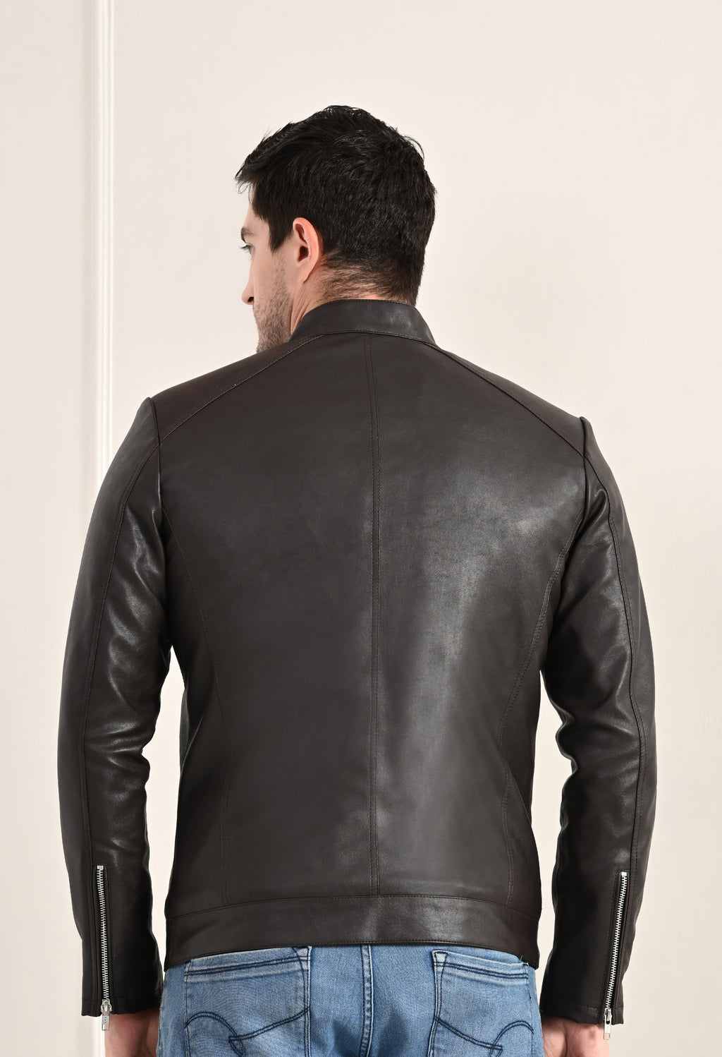 Stand Collar Long Sleeves Classic Look Lightweight Black Leather Jacket