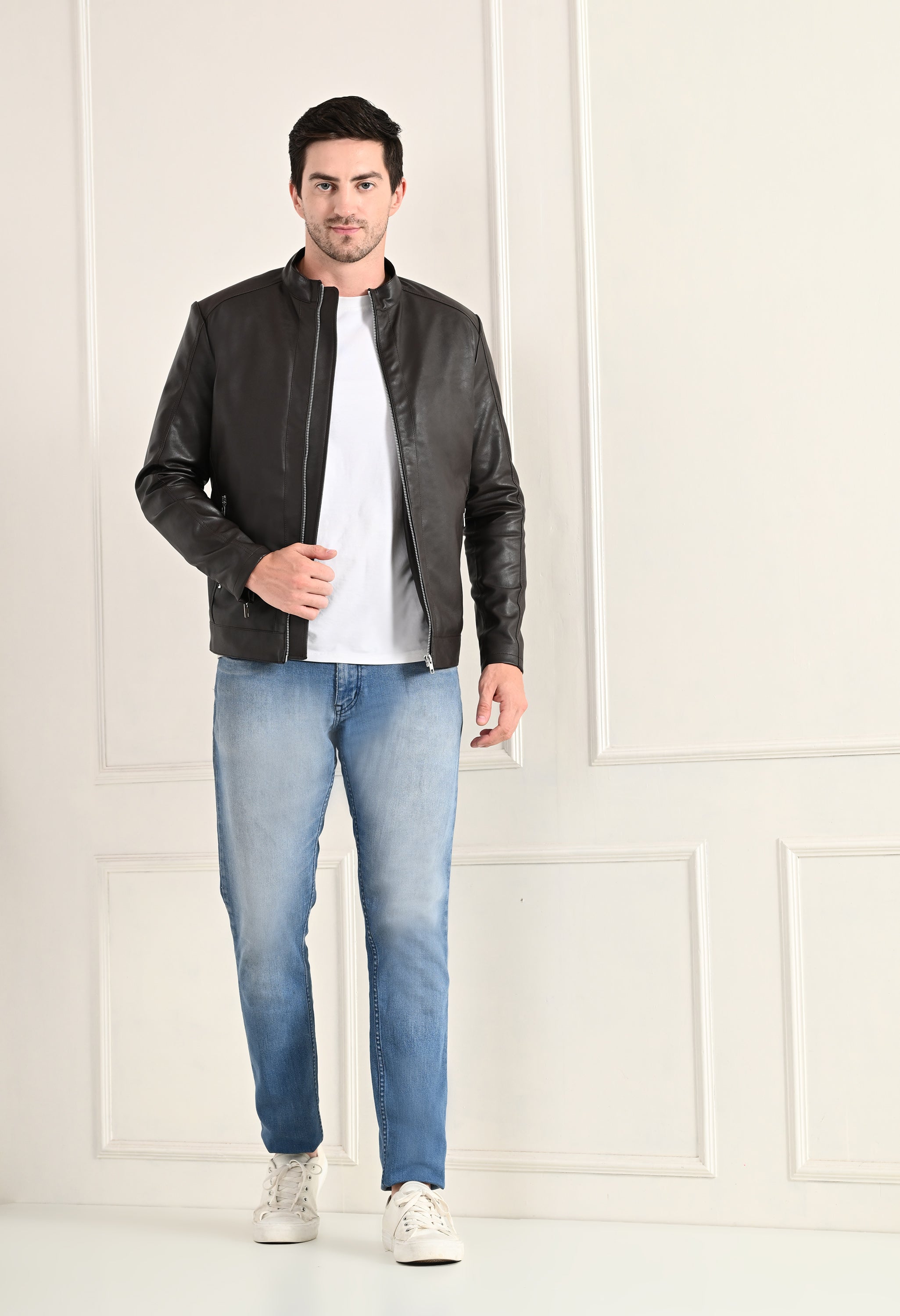 Stand Collar Long Sleeves Classic Look Lightweight Black Leather Jacket