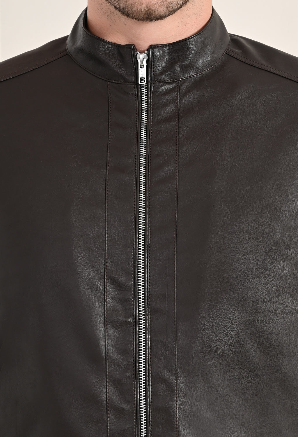 Stand Collar Long Sleeves Classic Look Lightweight Black Leather Jacket