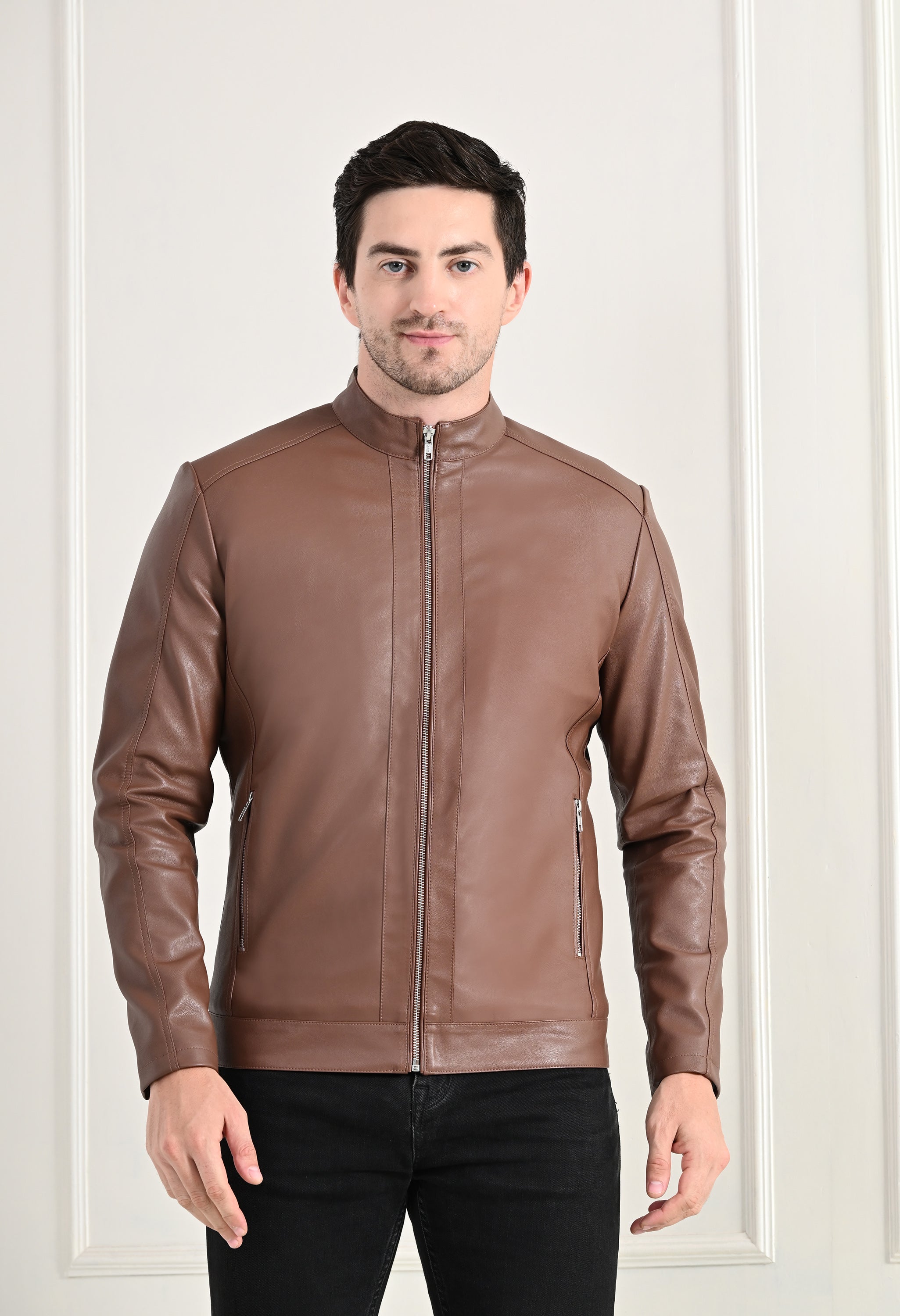 Stand Collar Long Sleeves Classic Look Lightweight Tan Leather Jacket