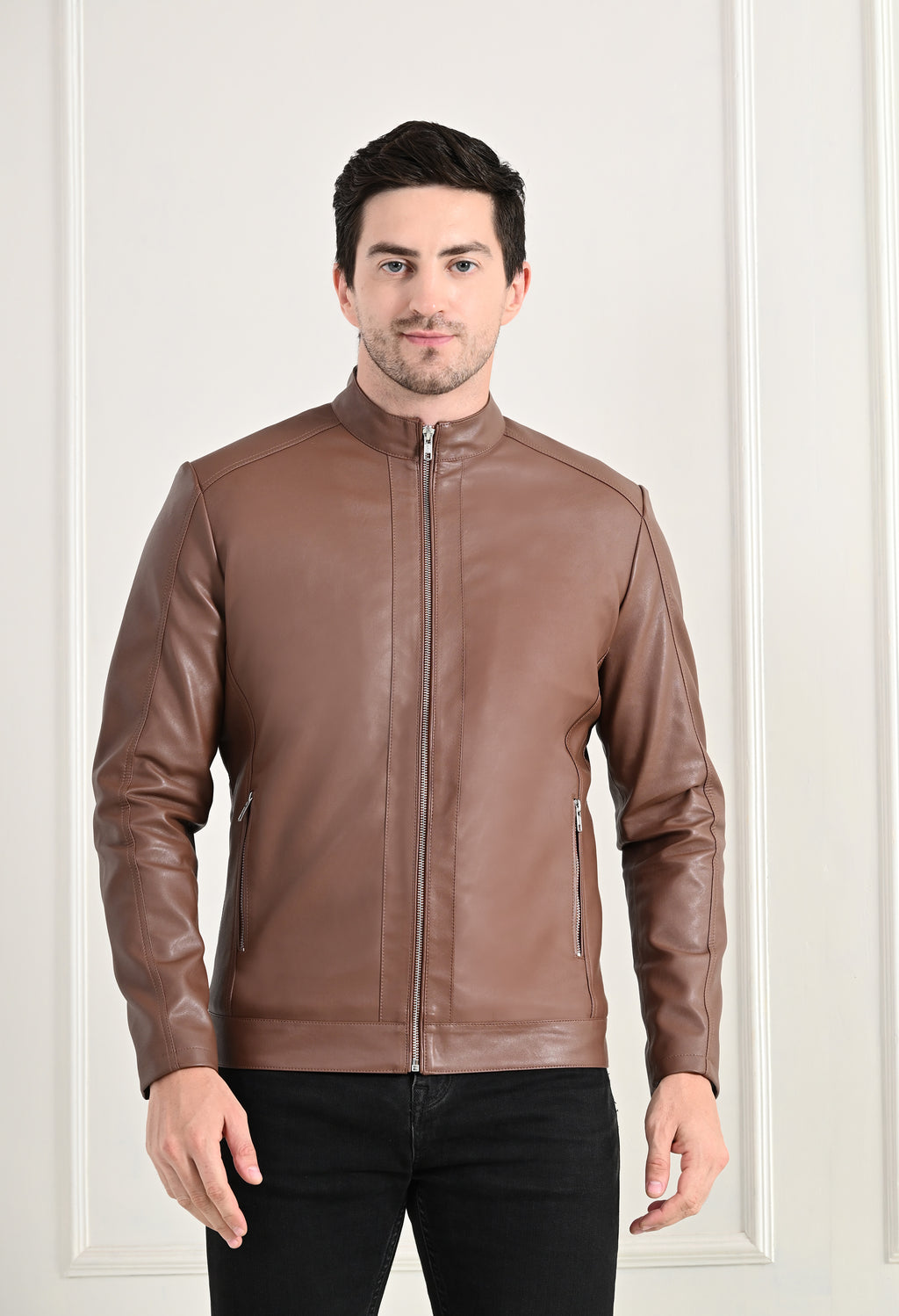 Stand Collar Long Sleeves Classic Look Lightweight Tan Leather Jacket