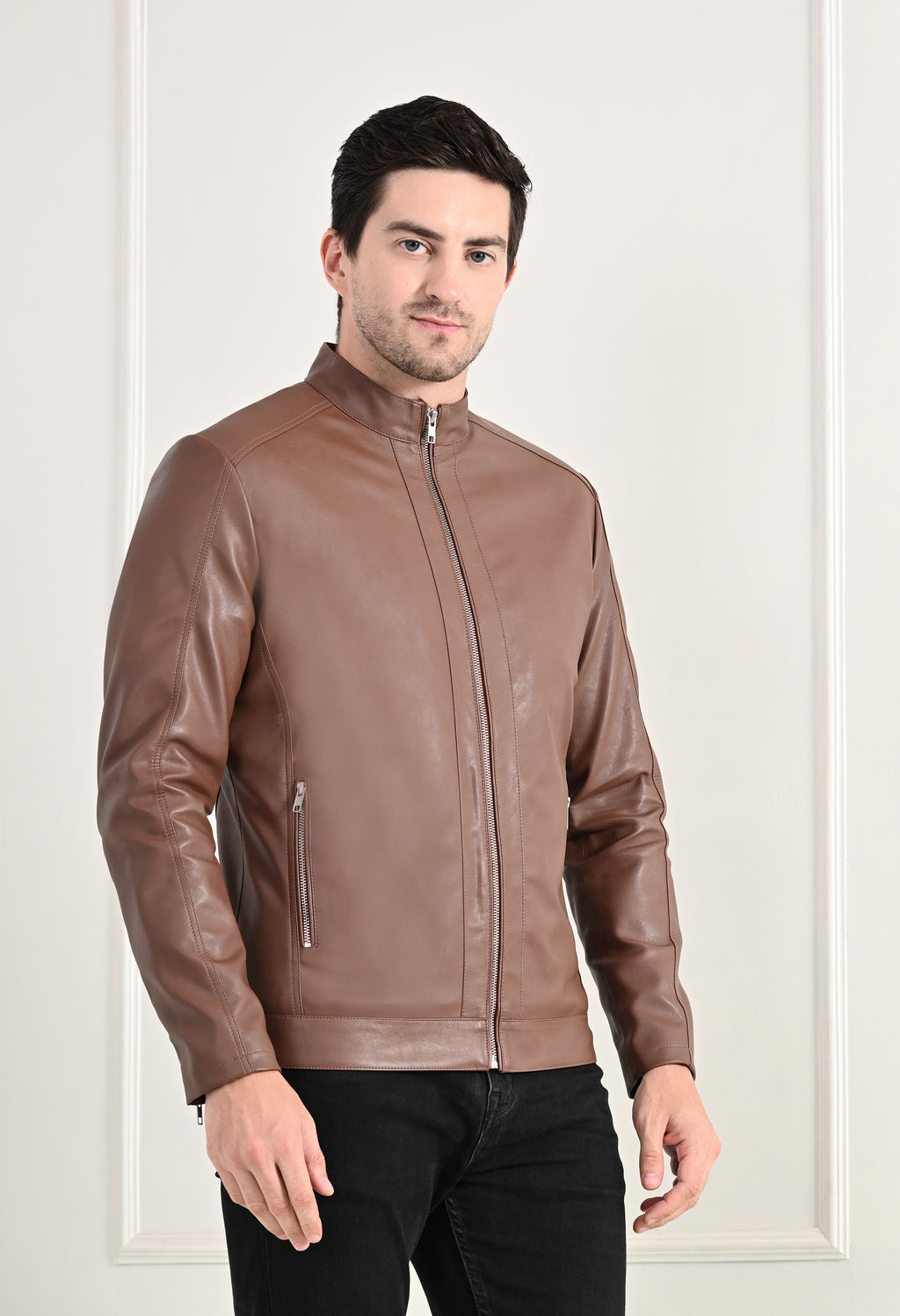 Stand Collar Long Sleeves Classic Look Lightweight Tan Leather Jacket