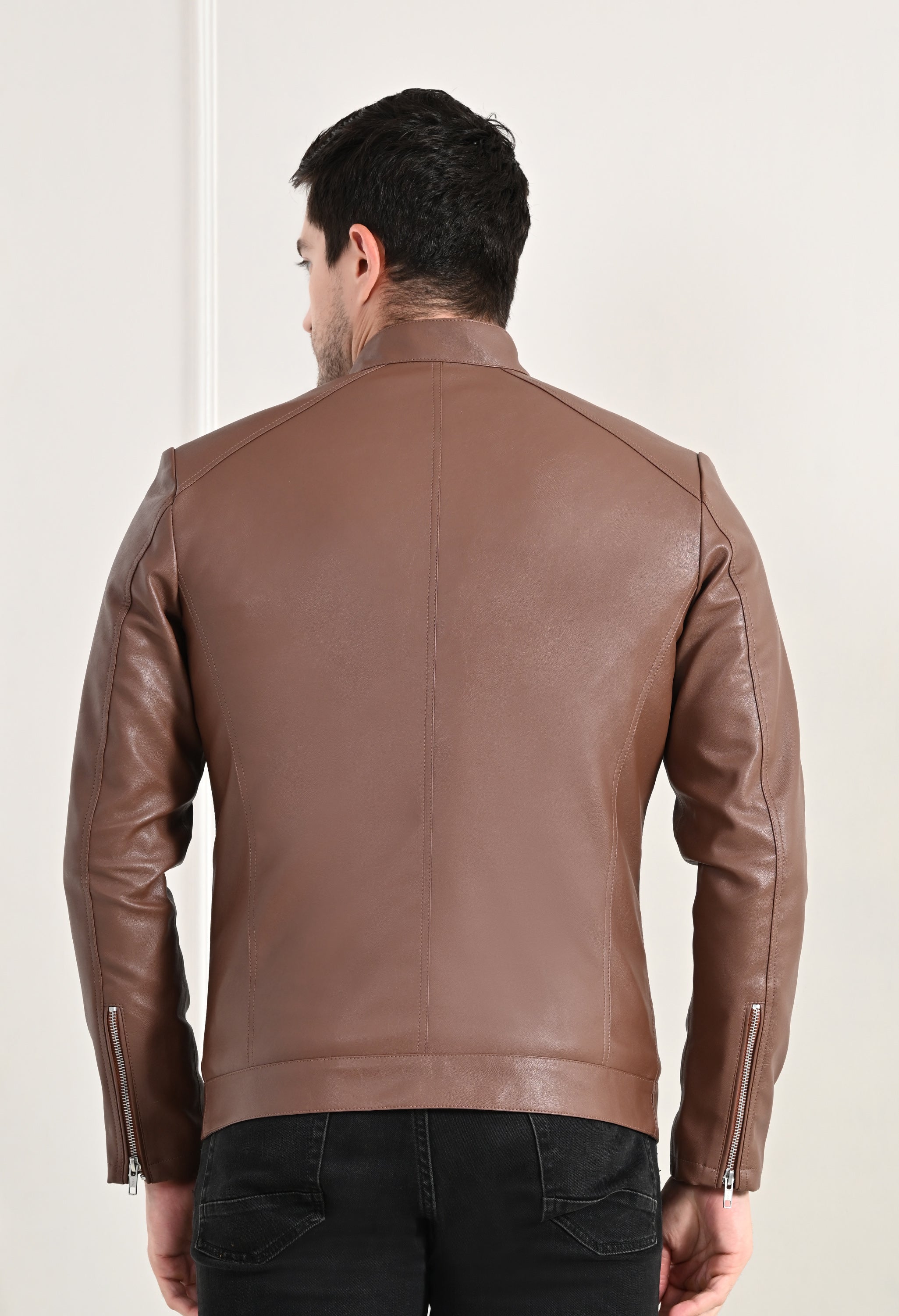 Stand Collar Long Sleeves Classic Look Lightweight Tan Leather Jacket