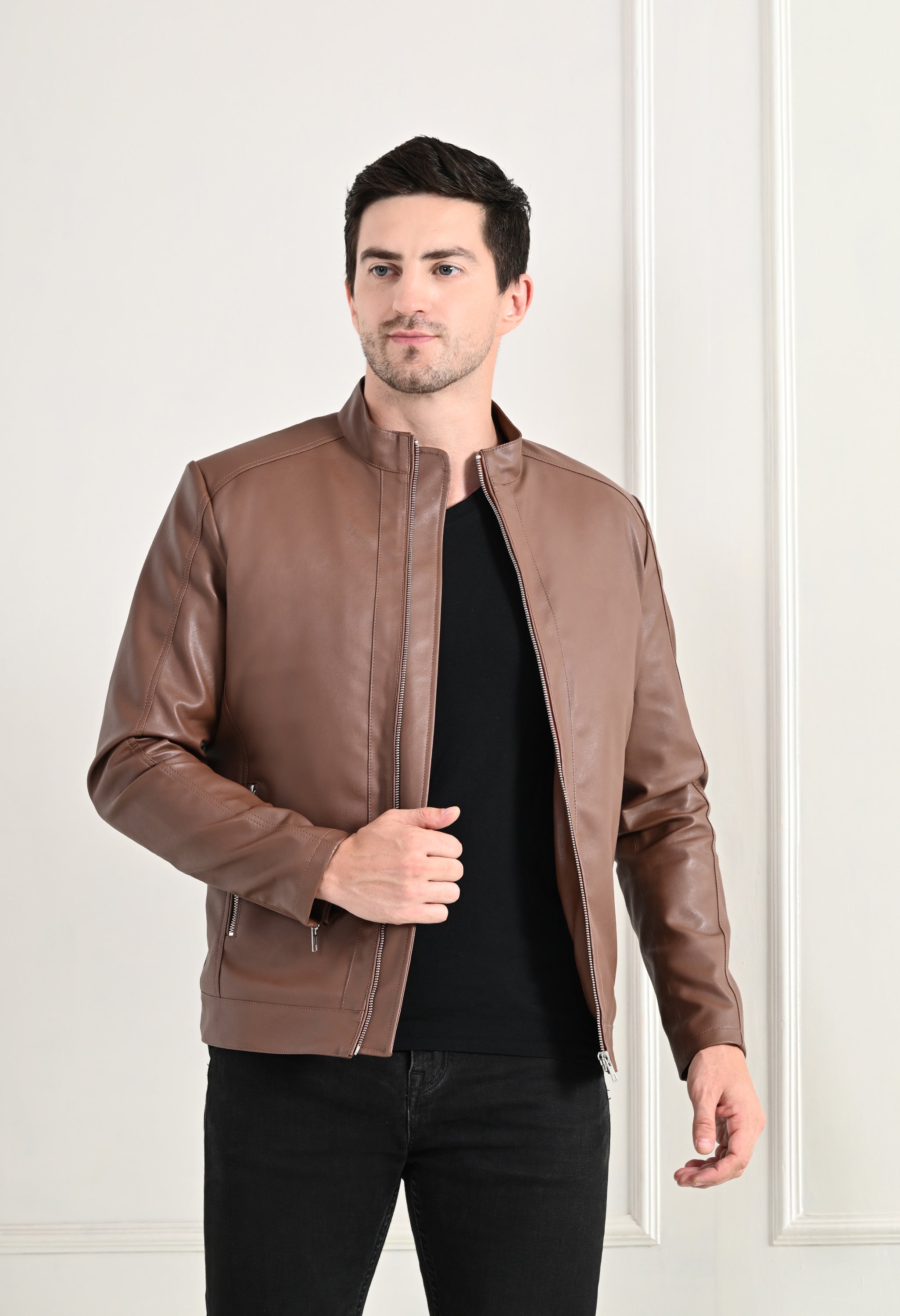 Stand Collar Long Sleeves Classic Look Lightweight Tan Leather Jacket