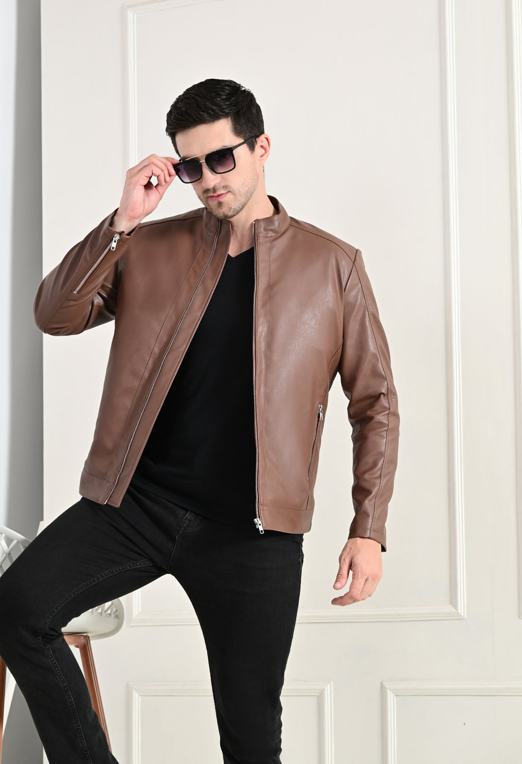 Stand Collar Long Sleeves Classic Look Lightweight Tan Leather Jacket
