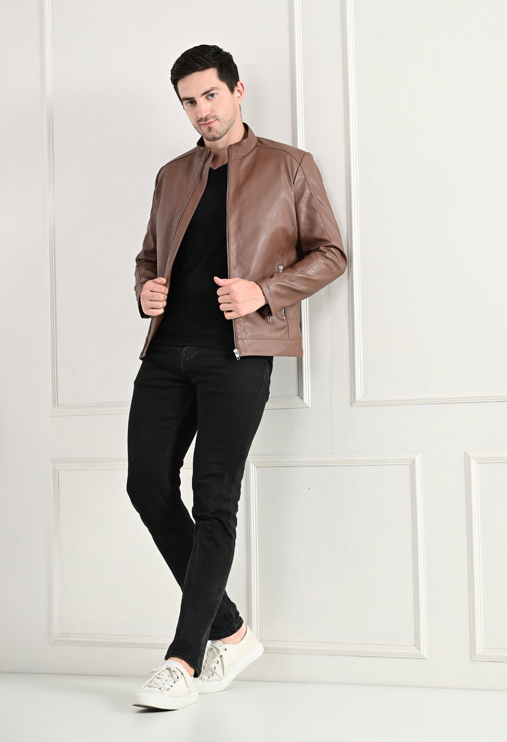 Stand Collar Long Sleeves Classic Look Lightweight Tan Leather Jacket