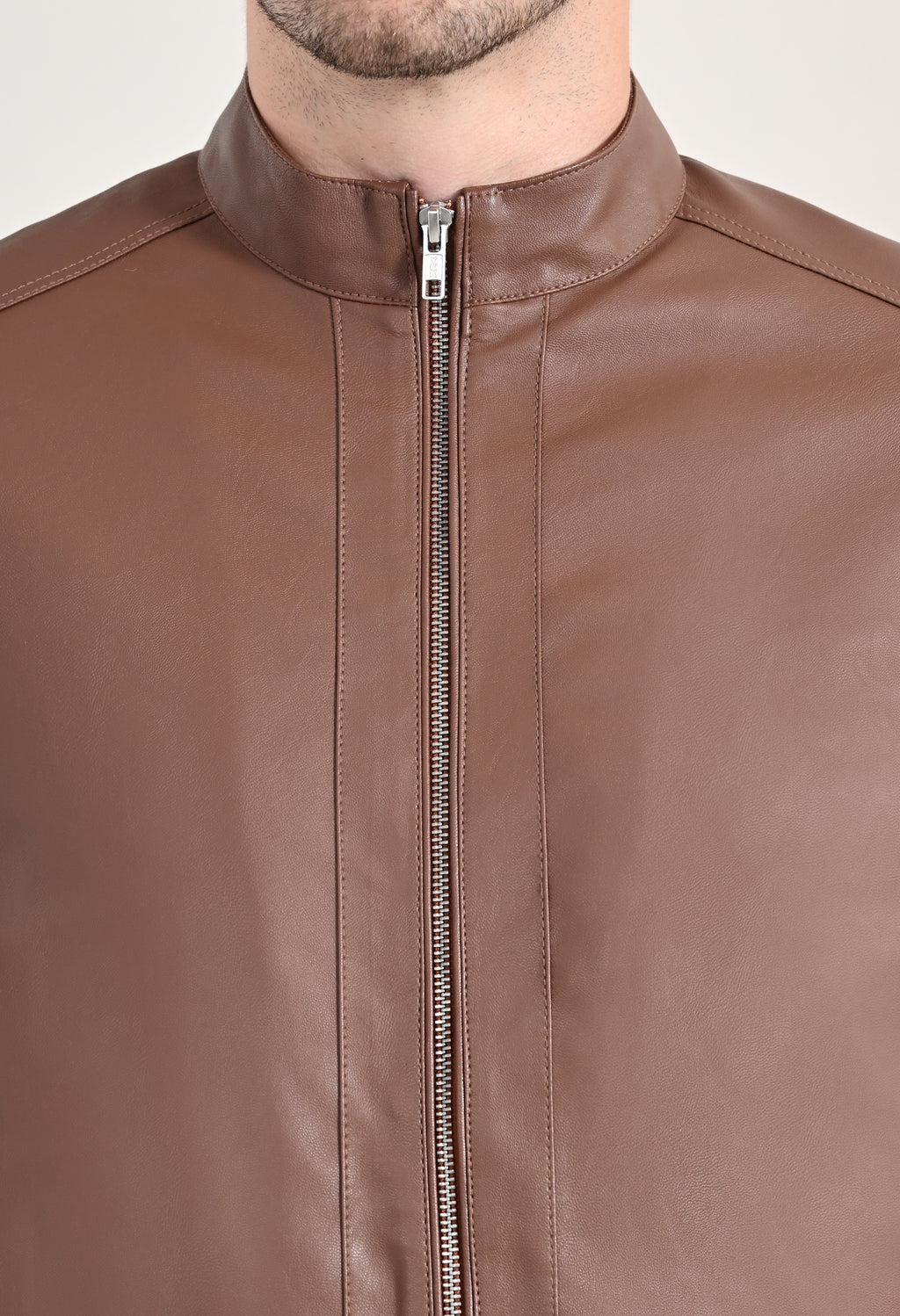 Stand Collar Long Sleeves Classic Look Lightweight Tan Leather Jacket