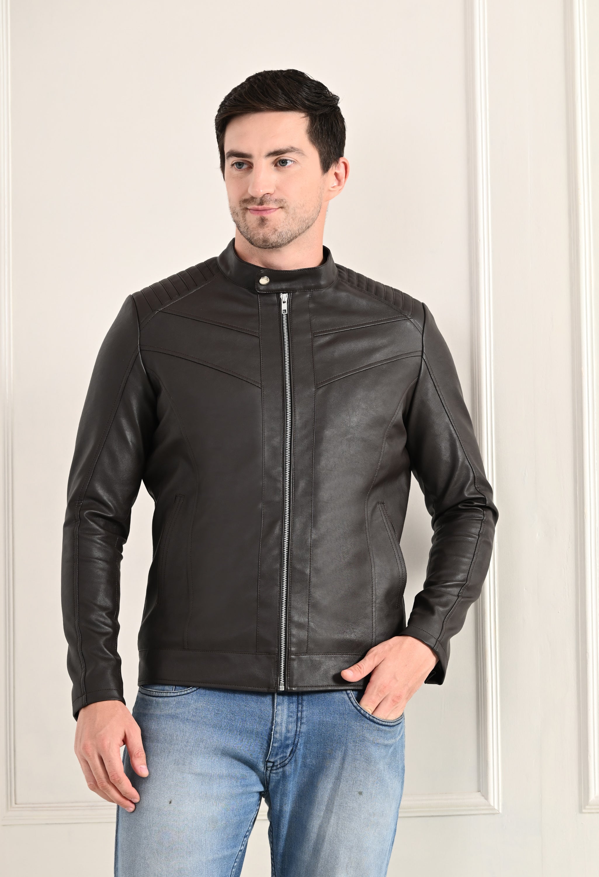 Mandarin Collar Leather Anti Odour Brown Jacket for Men