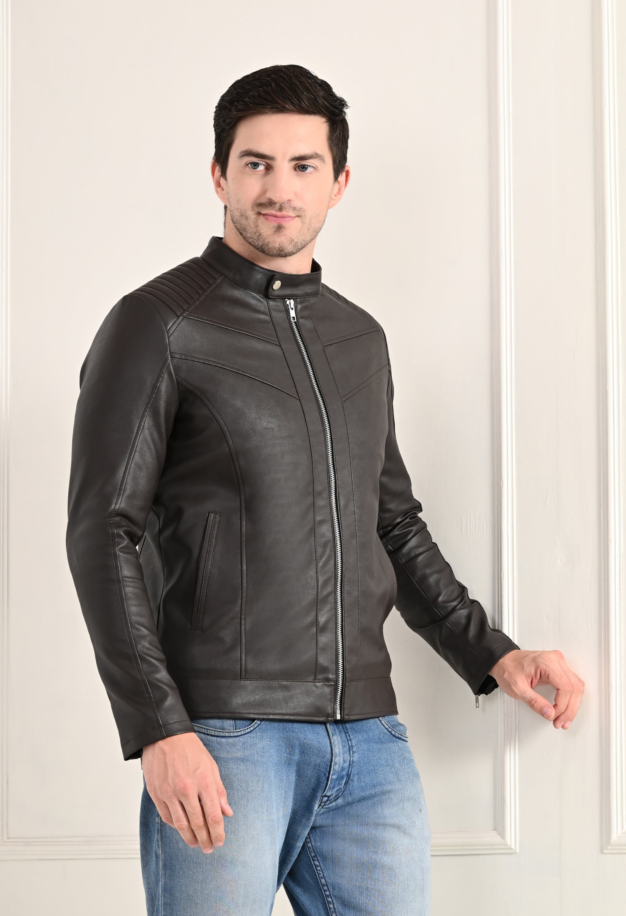 Mandarin Collar Leather Anti Odour Brown Jacket for Men