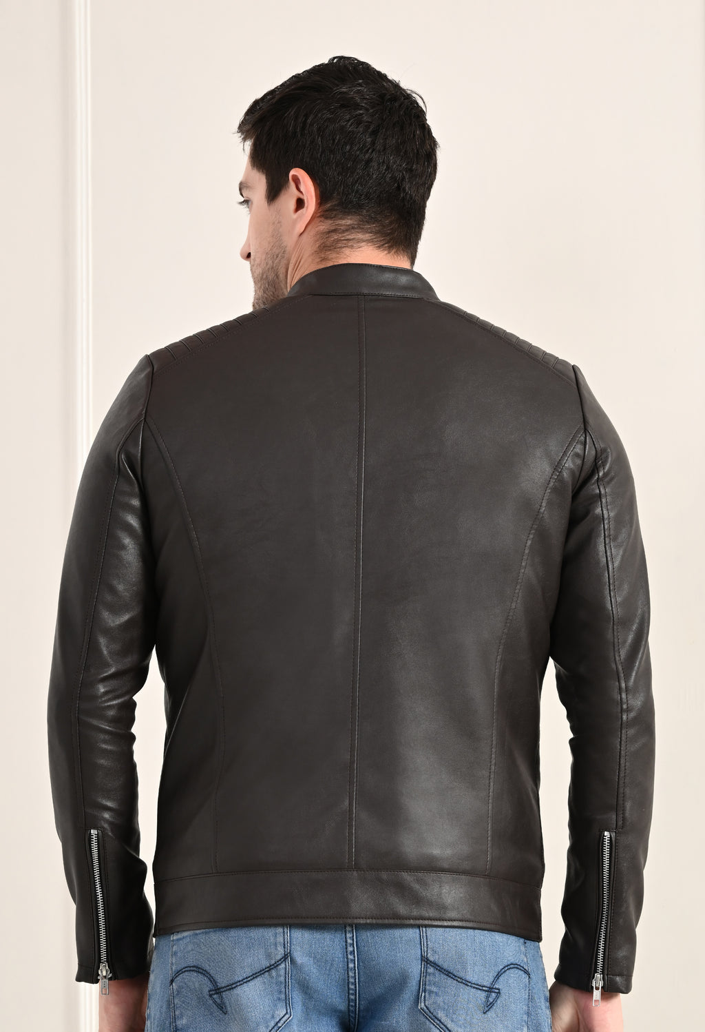 Mandarin Collar Leather Anti Odour Brown Jacket for Men