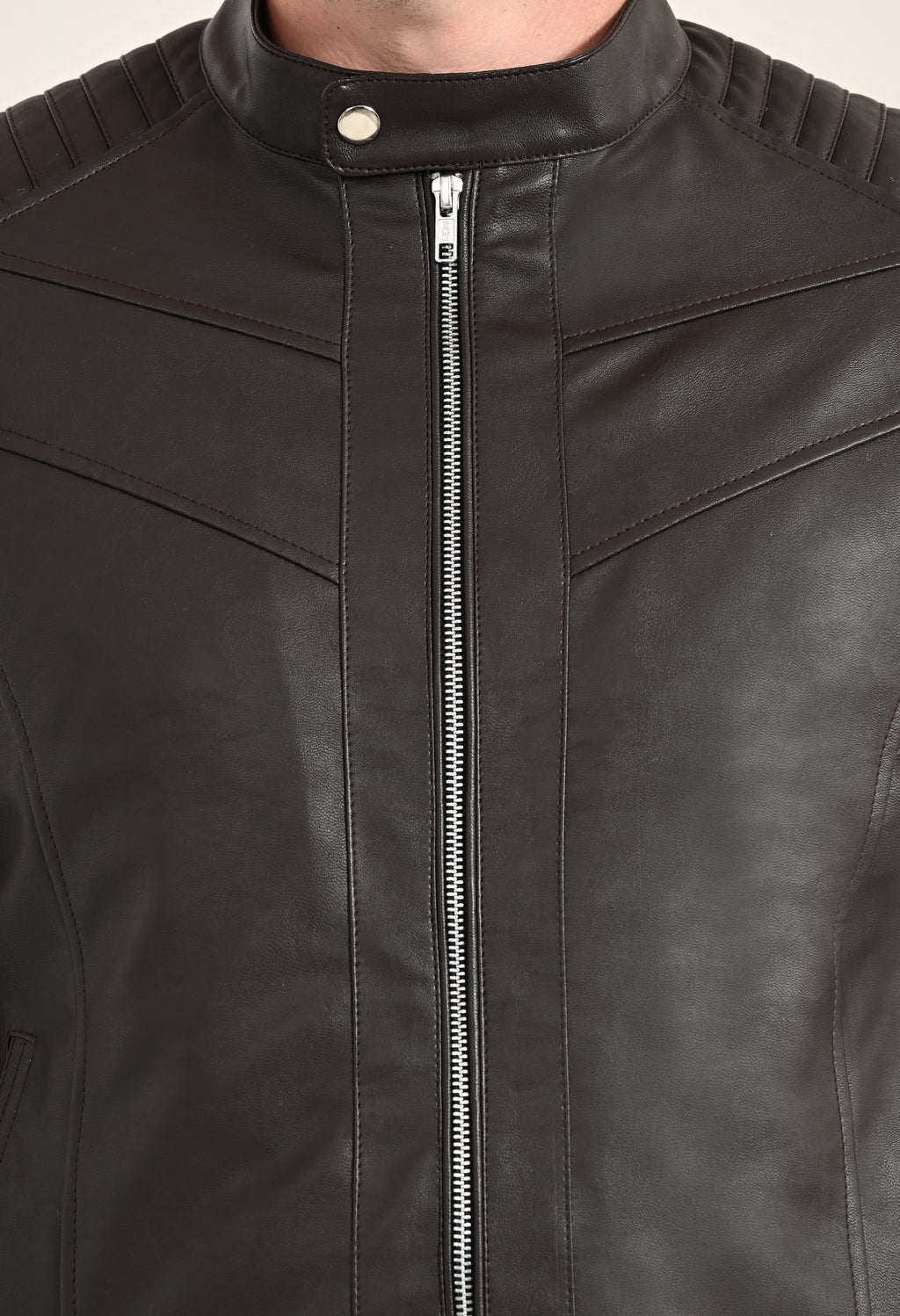 Mandarin Collar Leather Anti Odour Brown Jacket for Men