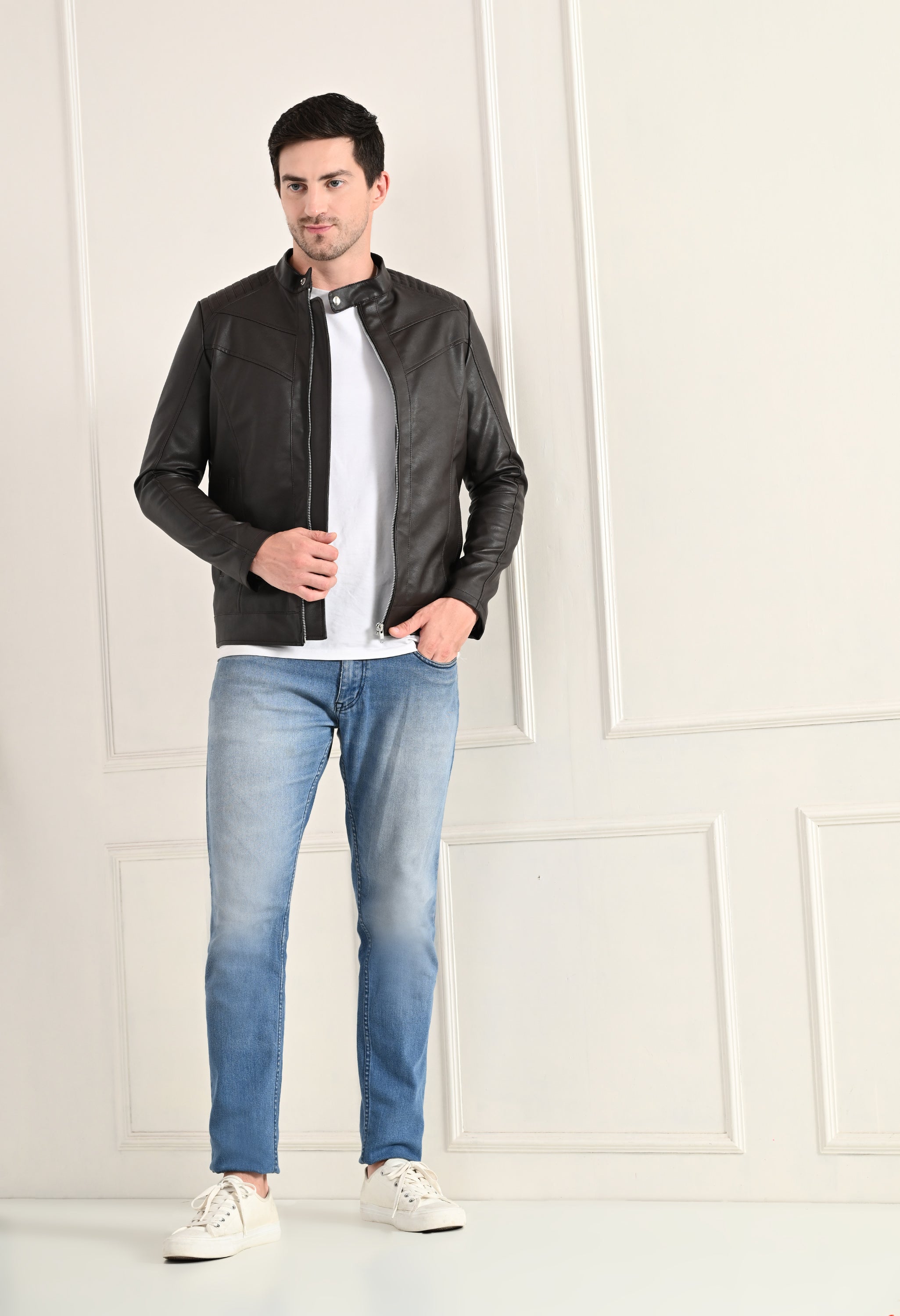 Mandarin Collar Leather Anti Odour Brown Jacket for Men