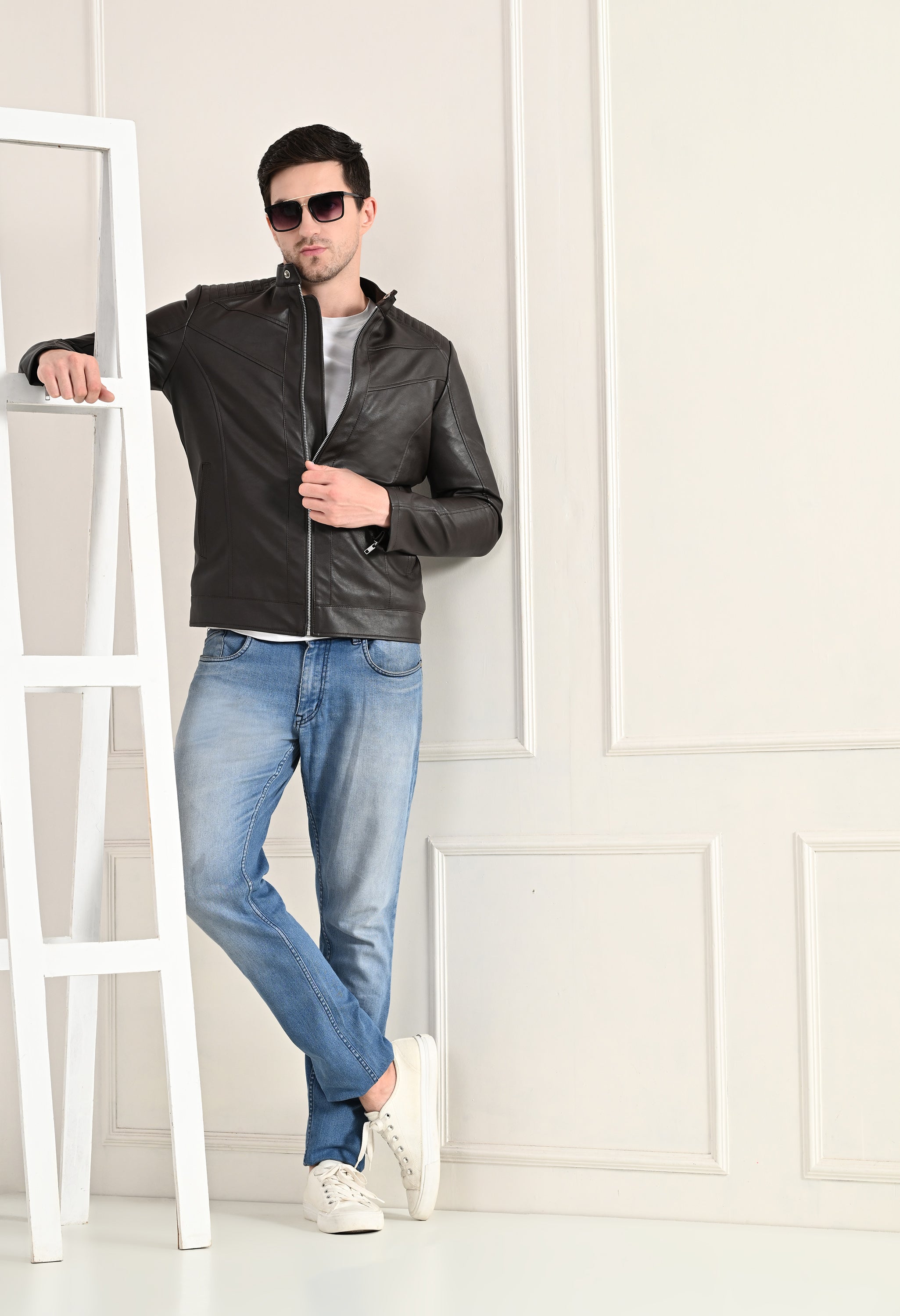 Mandarin Collar Leather Anti Odour Brown Jacket for Men