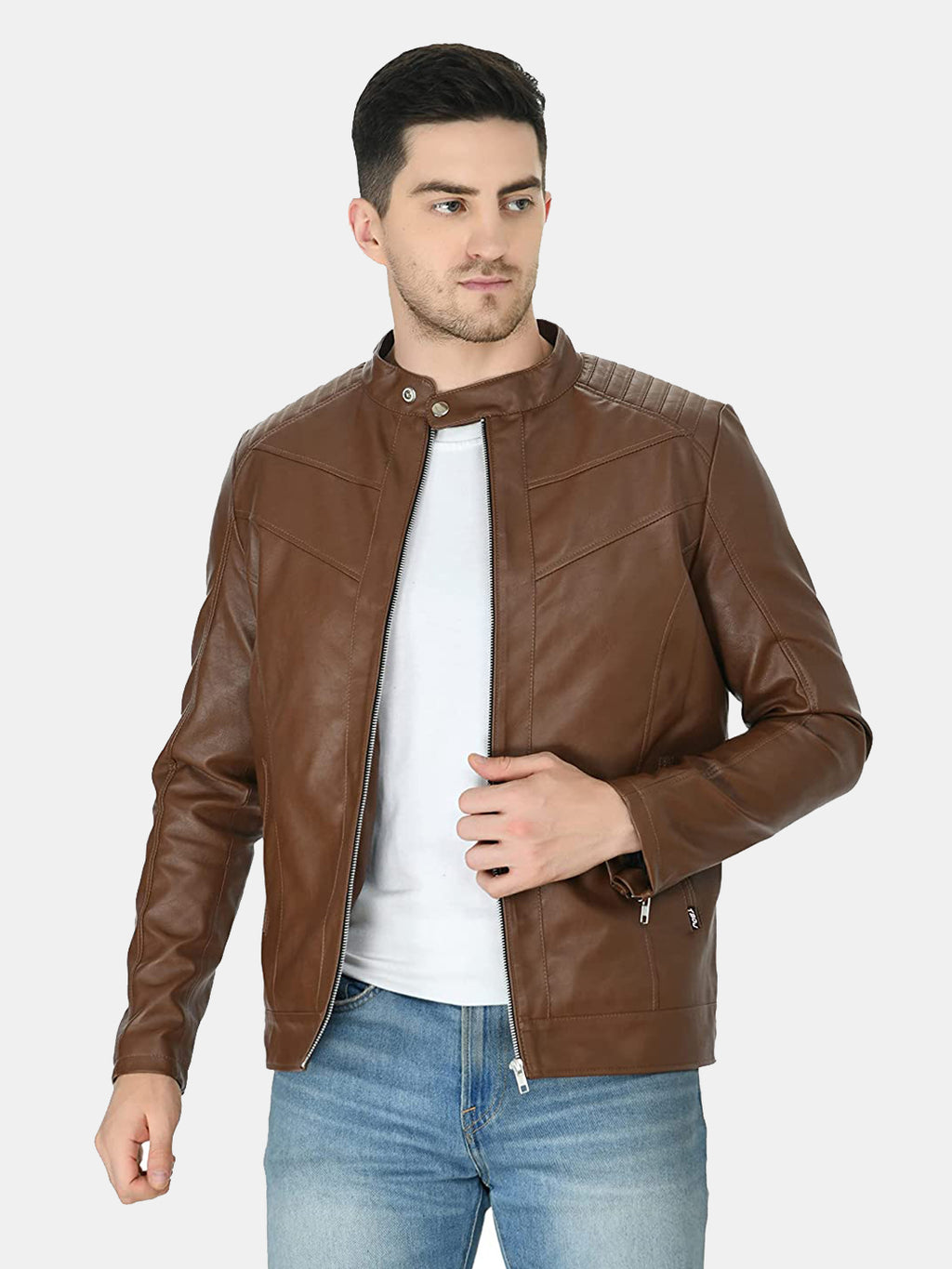 Mandarin Collar Leather Anti Odour Tan Jacket for Men