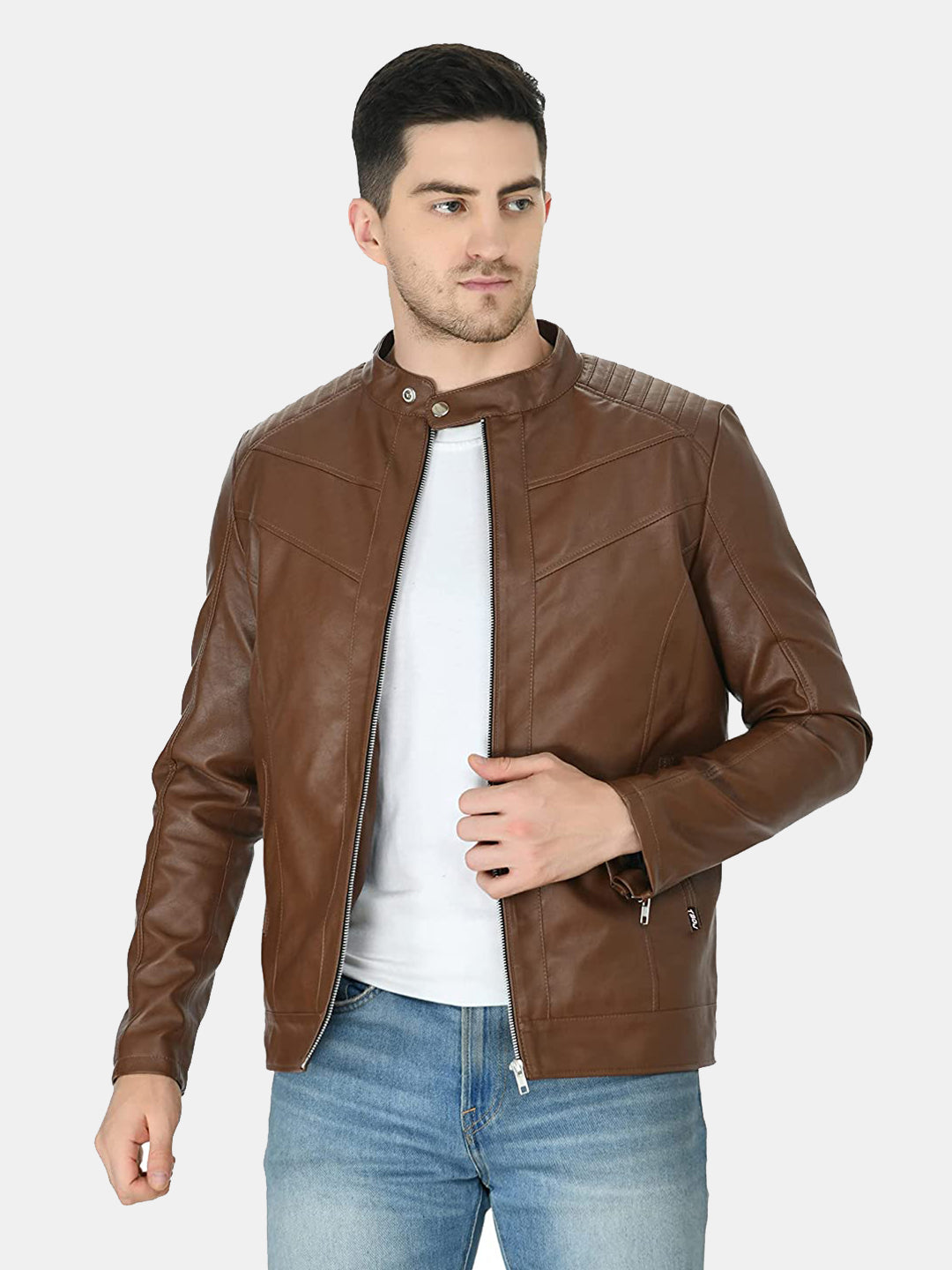 Mandarin Collar Leather Anti Odour Tan Jacket for Men