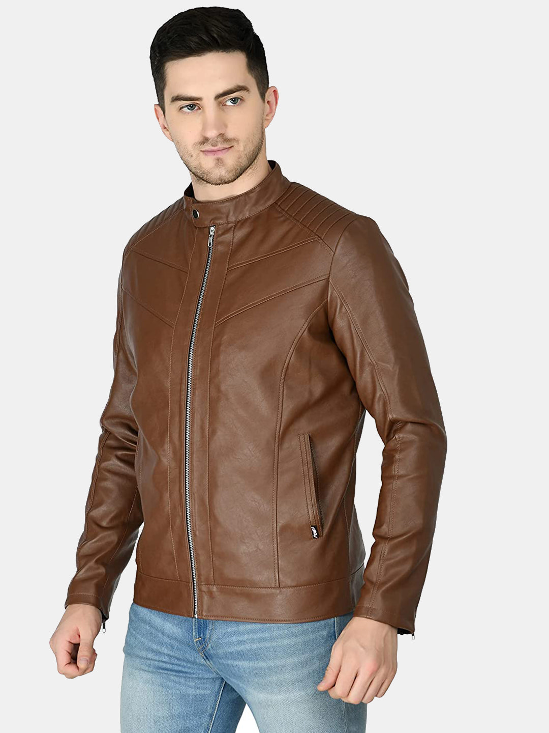 Mandarin Collar Leather Anti Odour Tan Jacket for Men