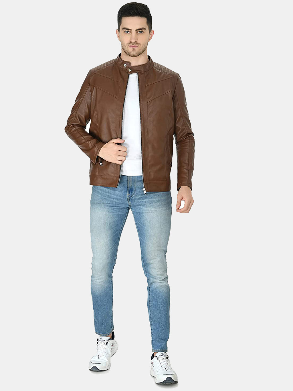 Mandarin Collar Leather Anti Odour Tan Jacket for Men