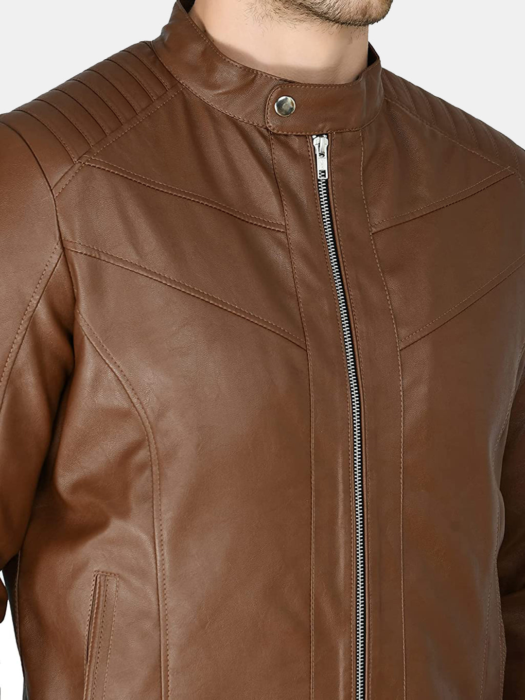 Mandarin Collar Leather Anti Odour Tan Jacket for Men