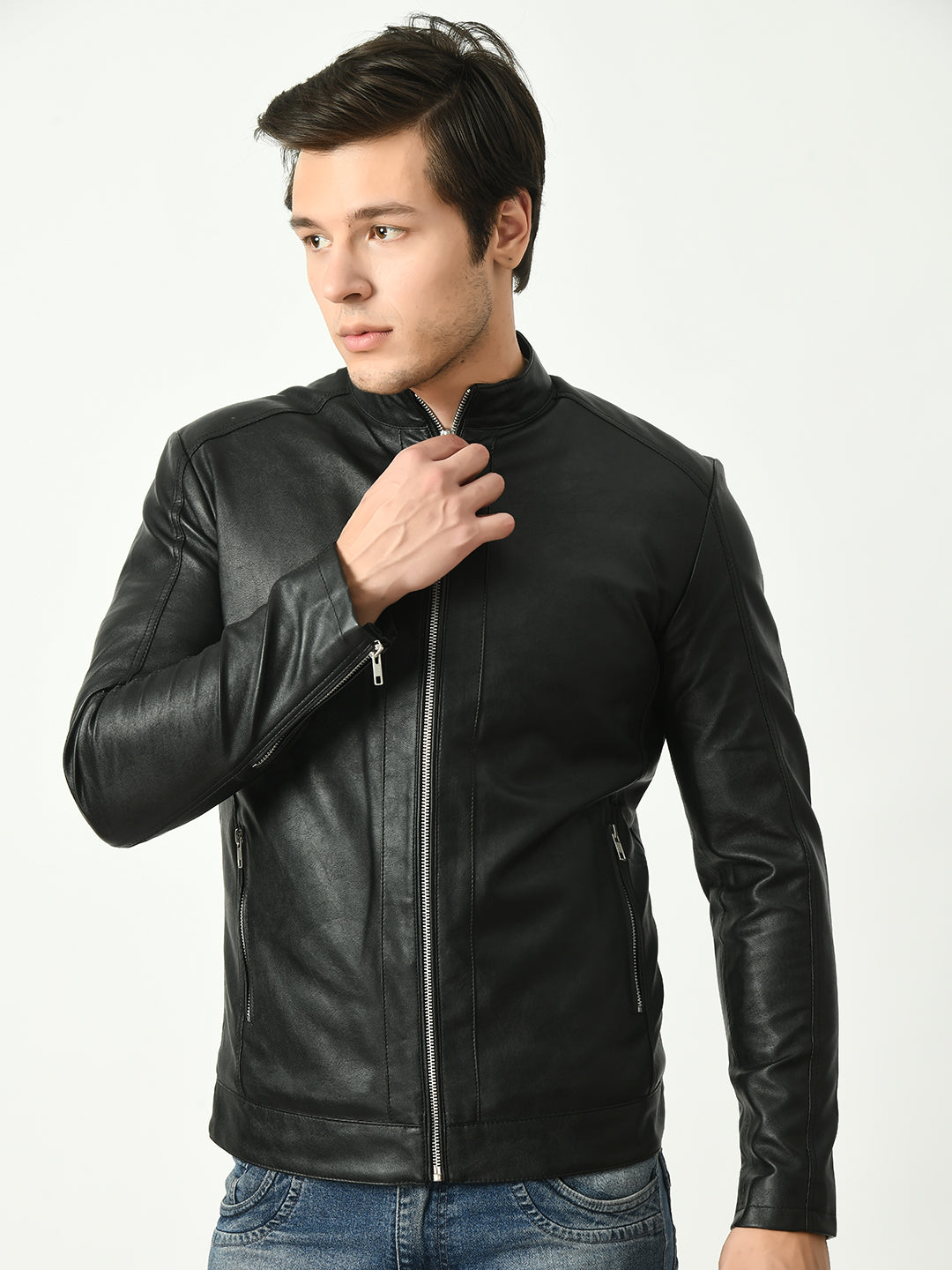 Mandarin Collar Water Resistant Lightweight Leather Biker Black Jacket For Men
