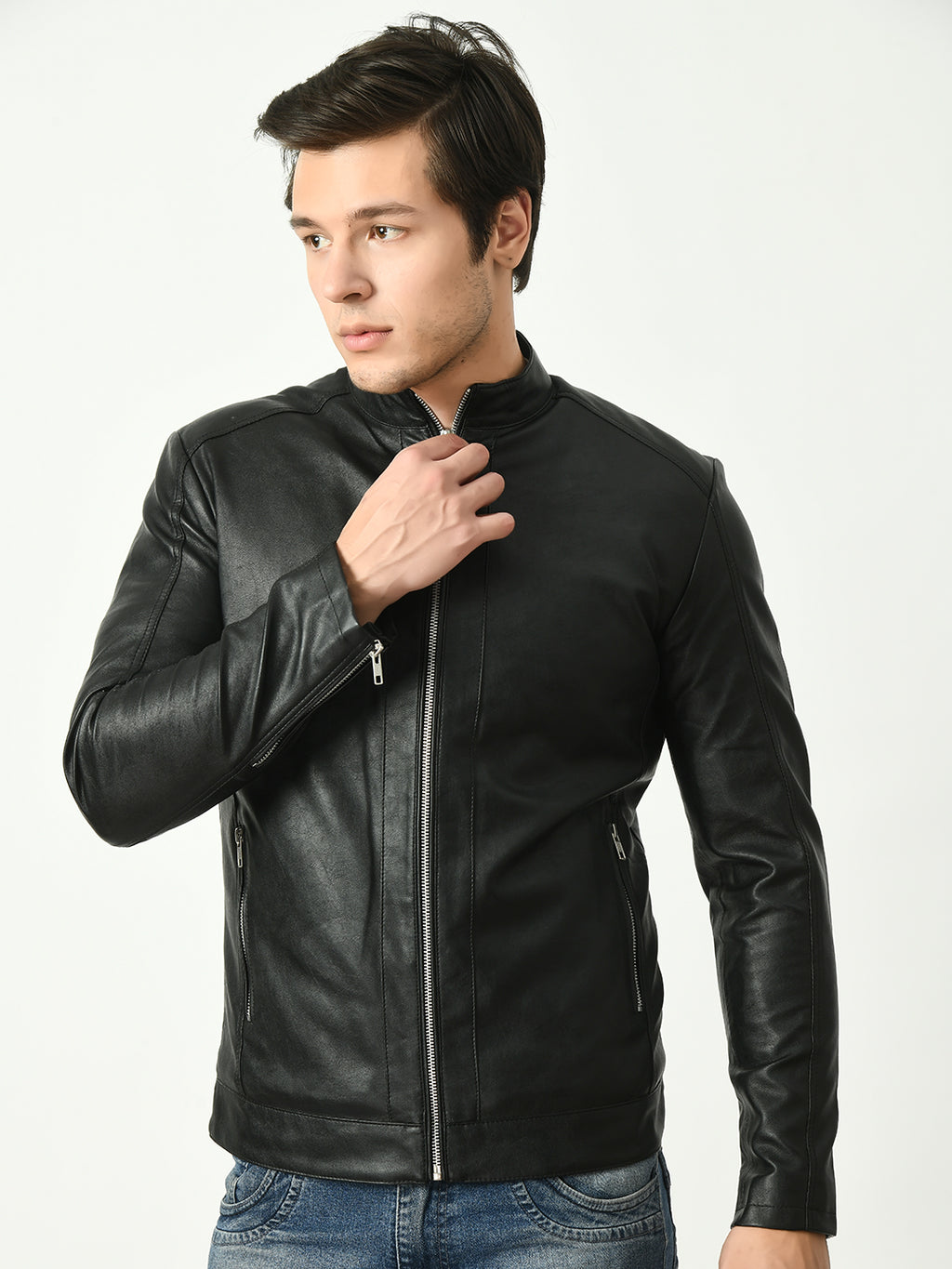 Mandarin Collar Water Resistant Lightweight Leather Biker Black Jacket For Men