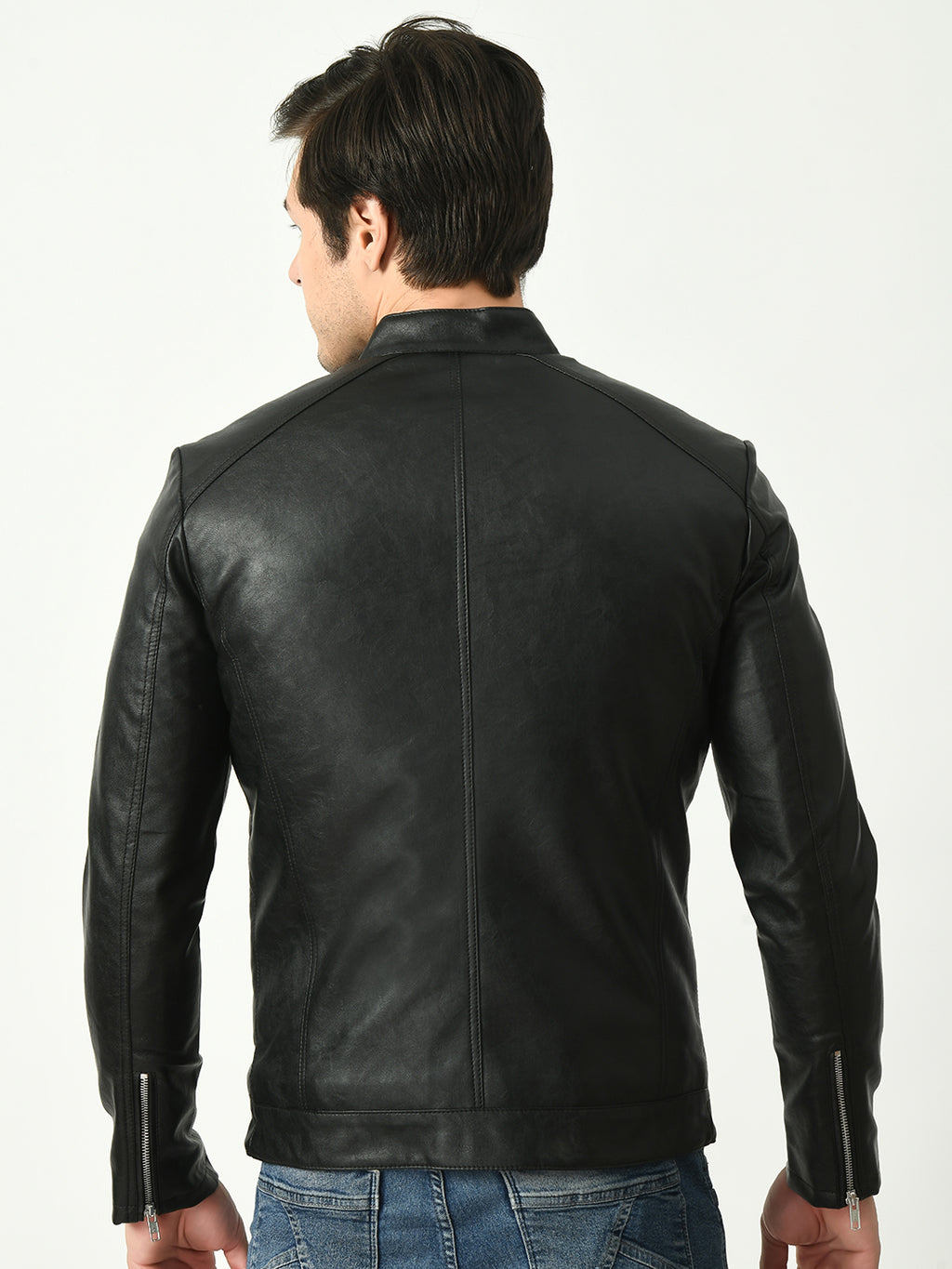 Mandarin Collar Water Resistant Lightweight Leather Biker Black Jacket For Men