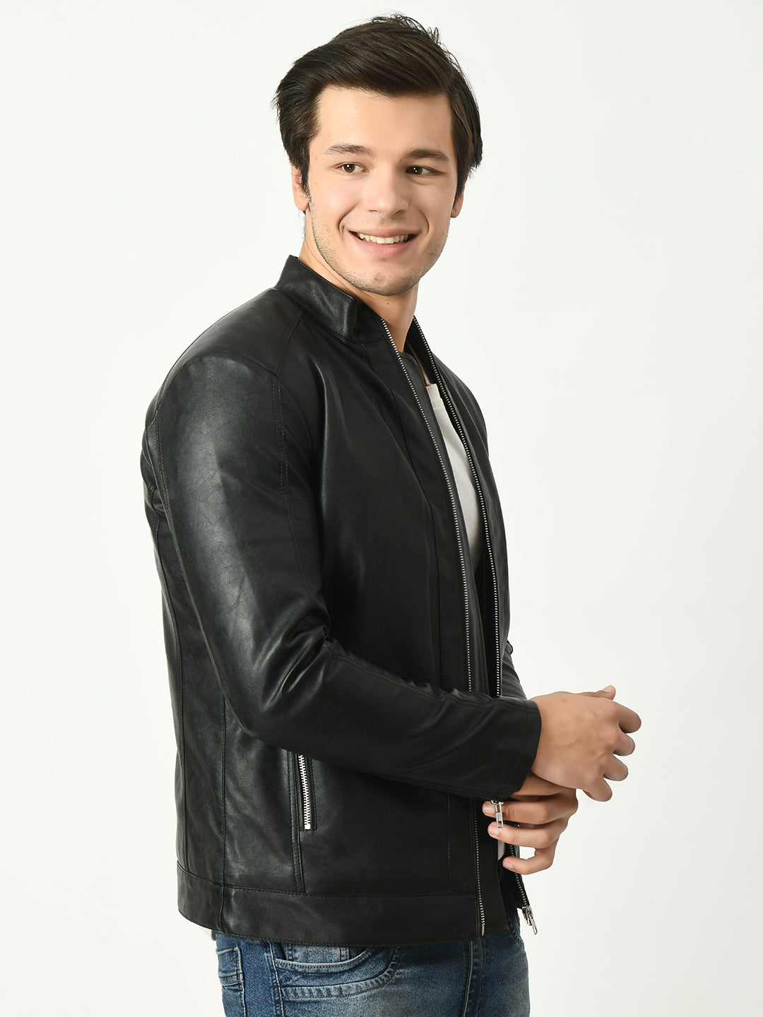 Mandarin Collar Water Resistant Lightweight Leather Biker Black Jacket For Men