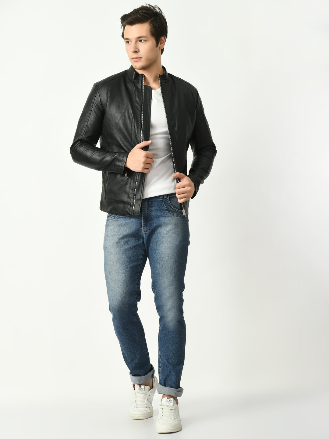 Mandarin Collar Water Resistant Lightweight Leather Biker Black Jacket For Men